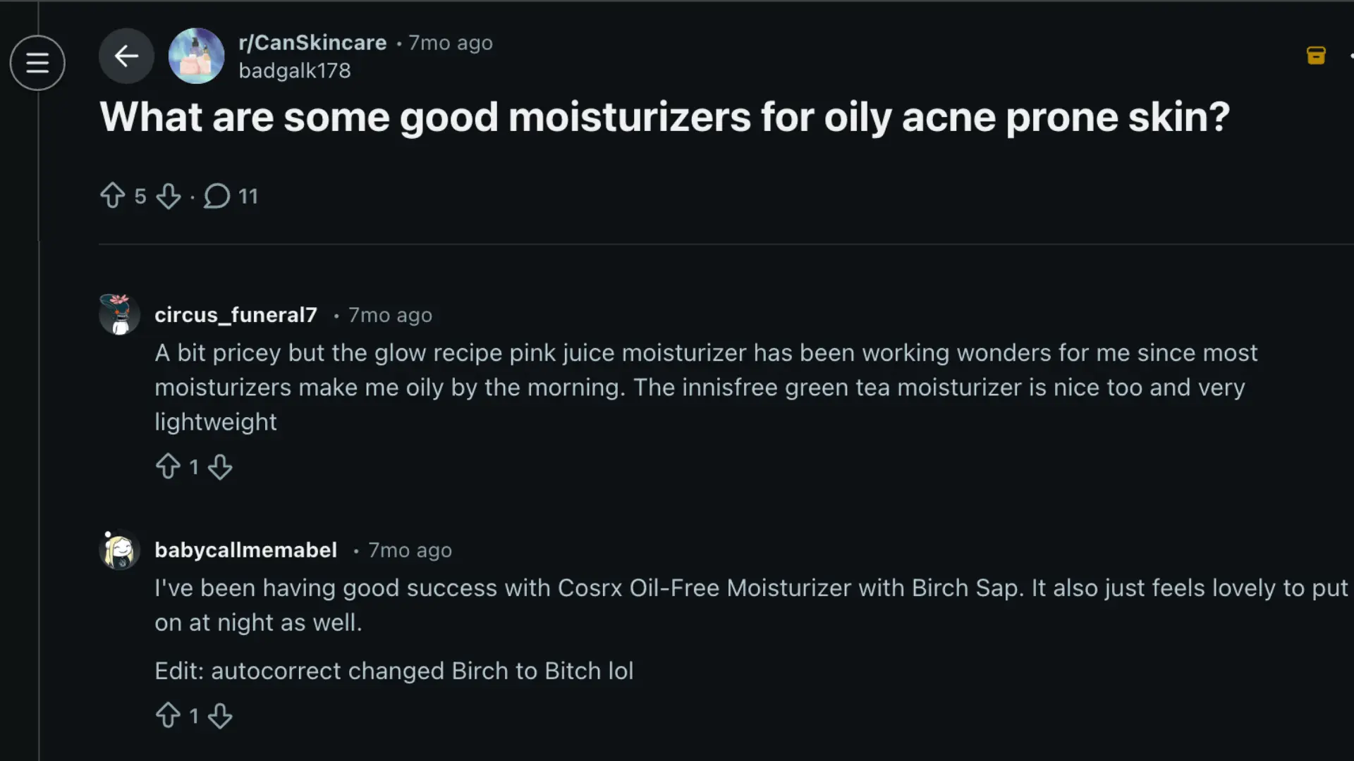 Reddit thread on moisturizers for oily skin, featuring recommendations for Glow Recipe, Innisfree, and Cosrx products