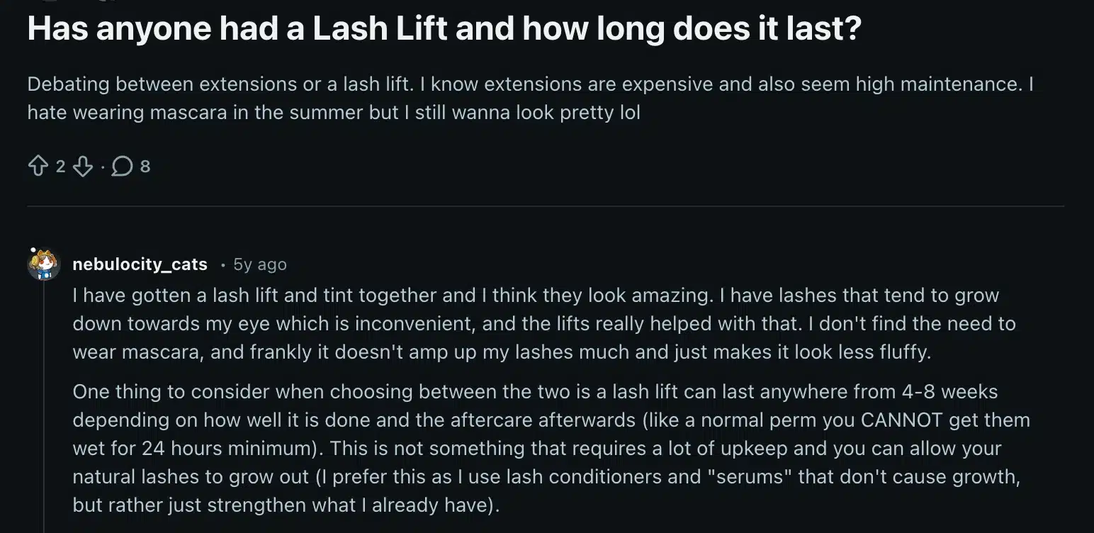 Reddit thread screenshot about lash lift results and maintenance tips from user nebulocity cats