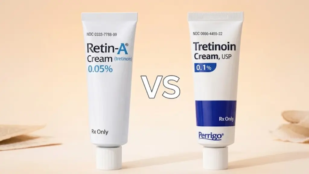 Retin-A cream versus tretinoin cream comparison showing prescription skincare tubes side by side