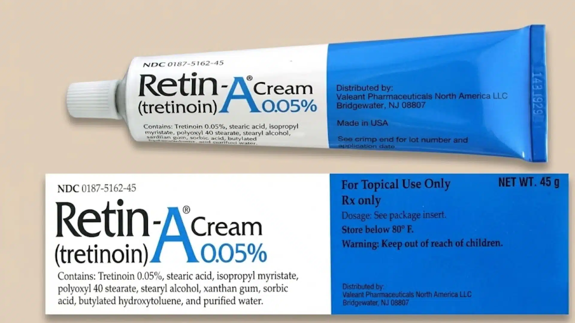 Retin-A Cream 0.05% tube and package label on a beige background