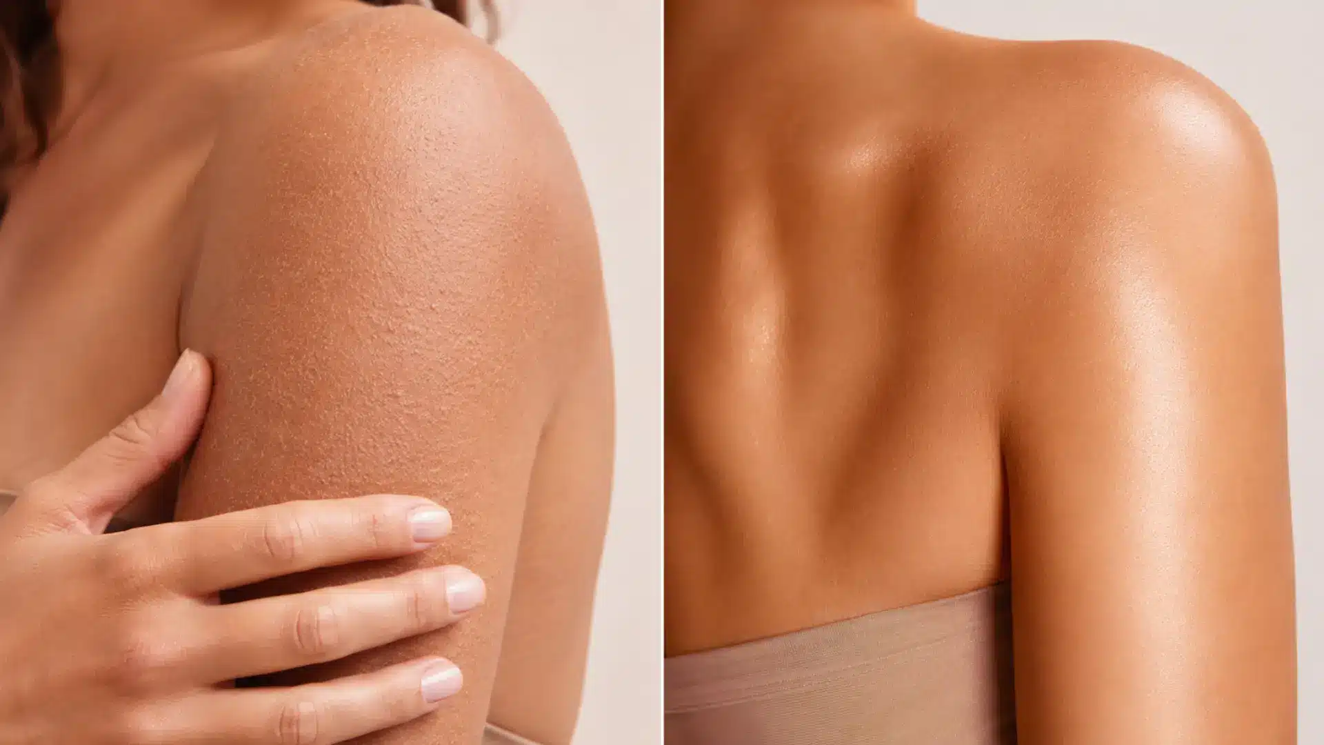 Rough and smooth shoulder skin comparison showing body texture before and after care