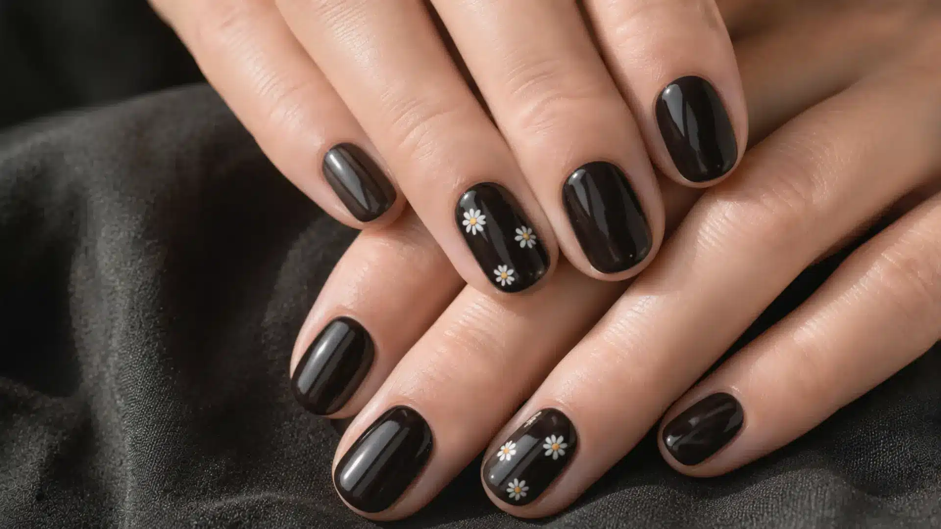 Round oval nails with tiny hand-painted micro daisies on a milky white glossy base