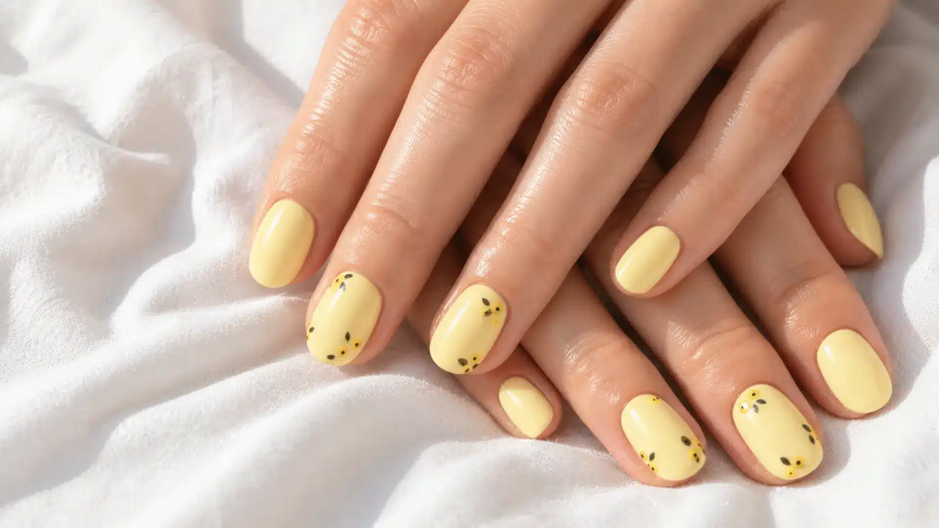 Round squoval nails in a warm butter yellow cream polish with a glossy spring finish
