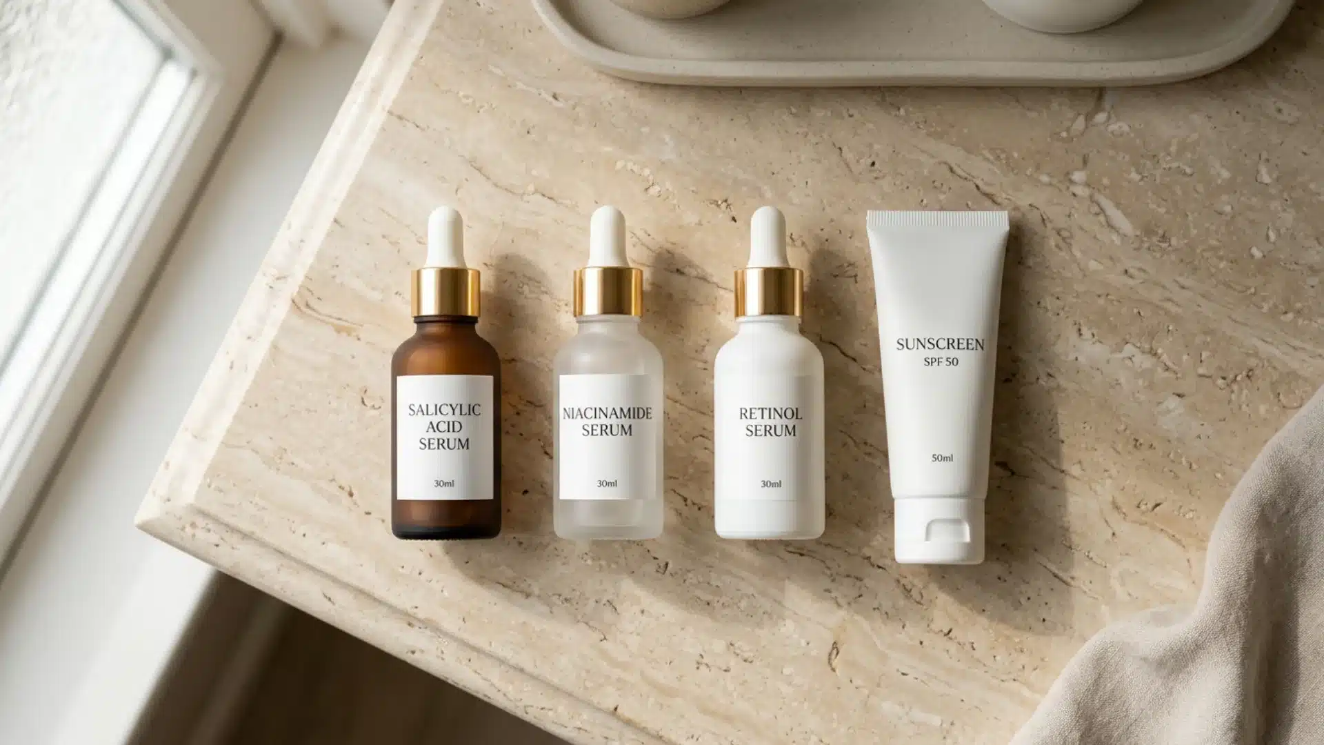 Salicylic acid, niacinamide, retinol serum, and sunscreen bottles on a beige marble bathroom counter