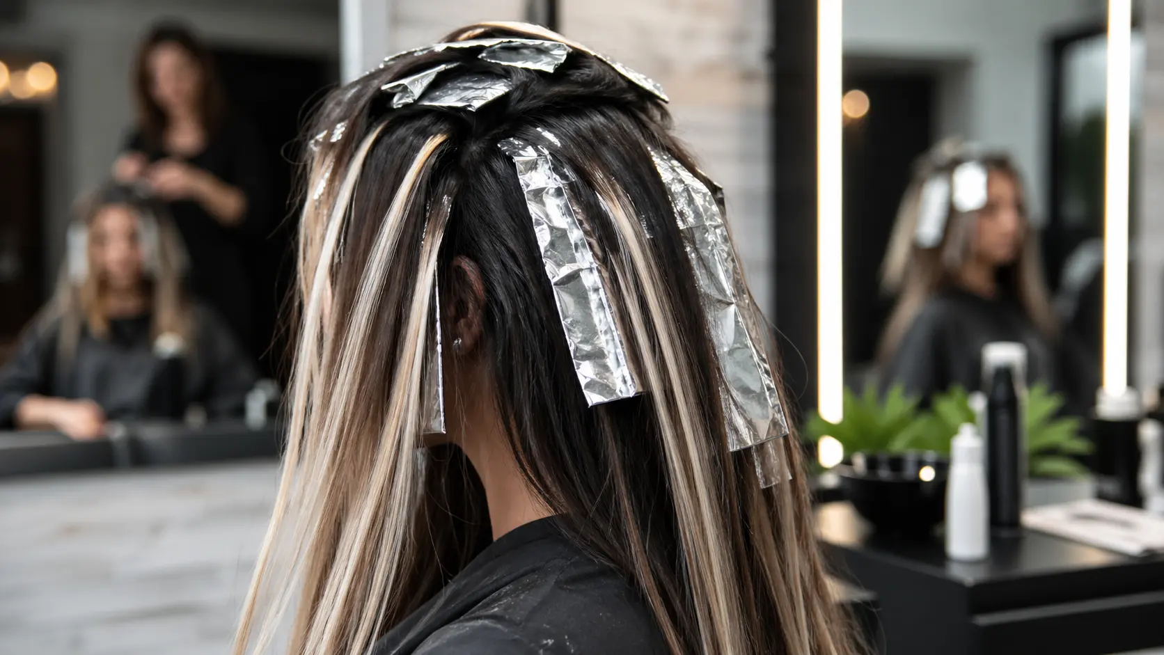 Salon scene with foils placed on dark hair, lightened strands emerging during color treatment