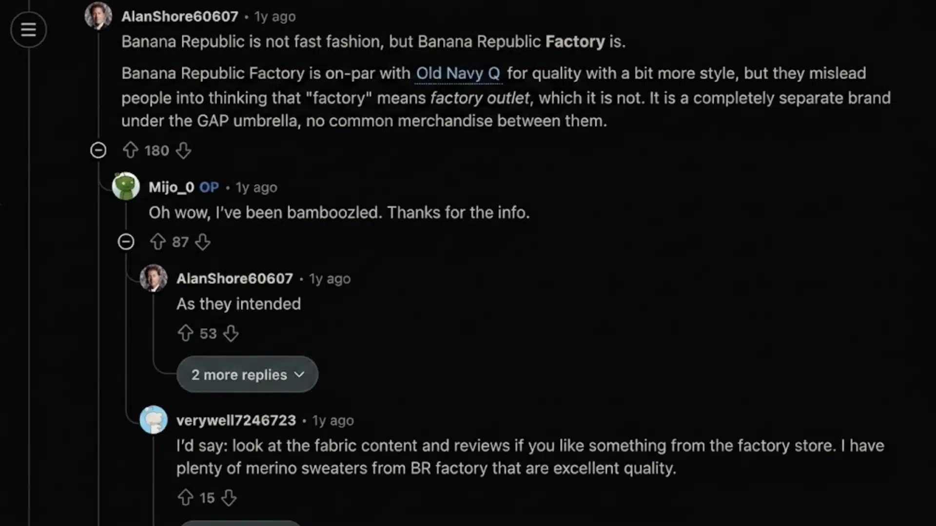Screenshot of Reddit discussion explaining difference between Banana Republic and Banana Republic Factory quality and branding