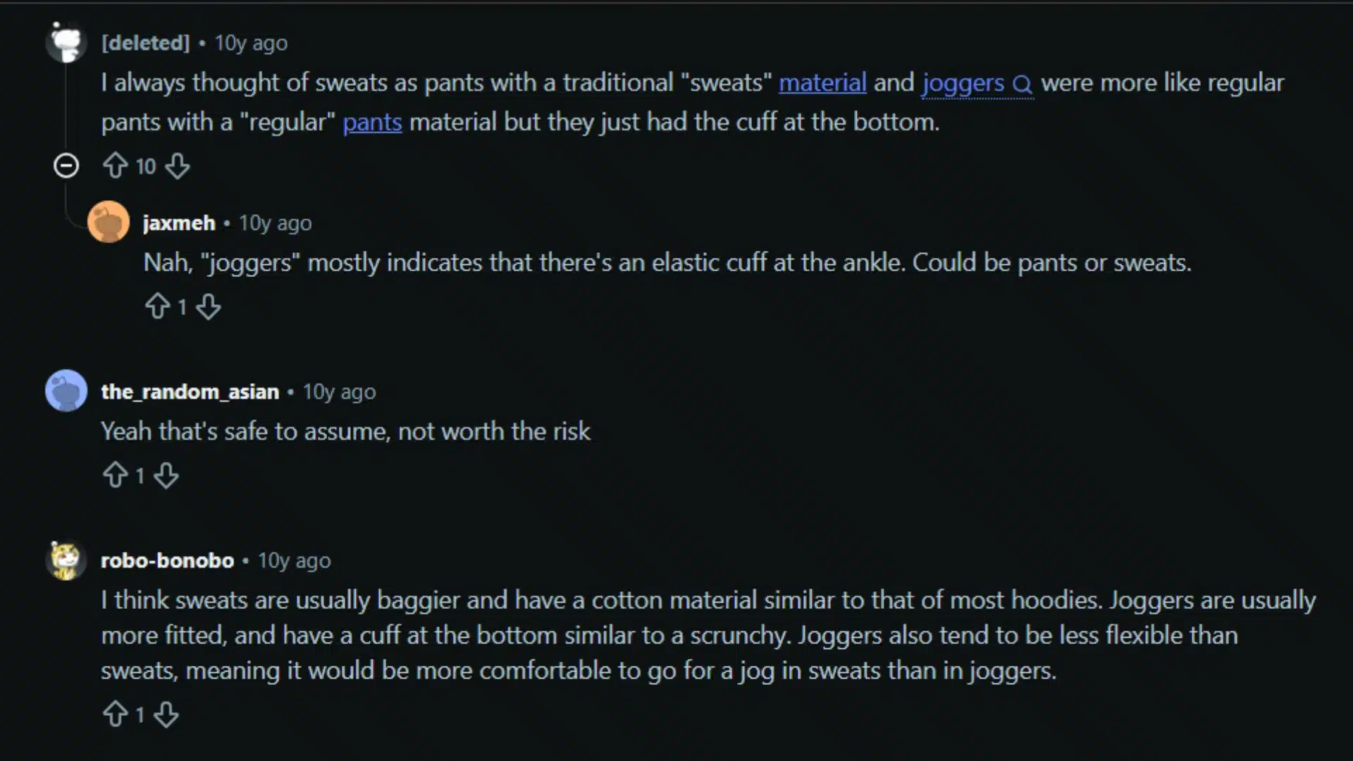 Screenshot of forum answers explaining the differences between sweatpants (baggy) and joggers (tapered and cuffed)