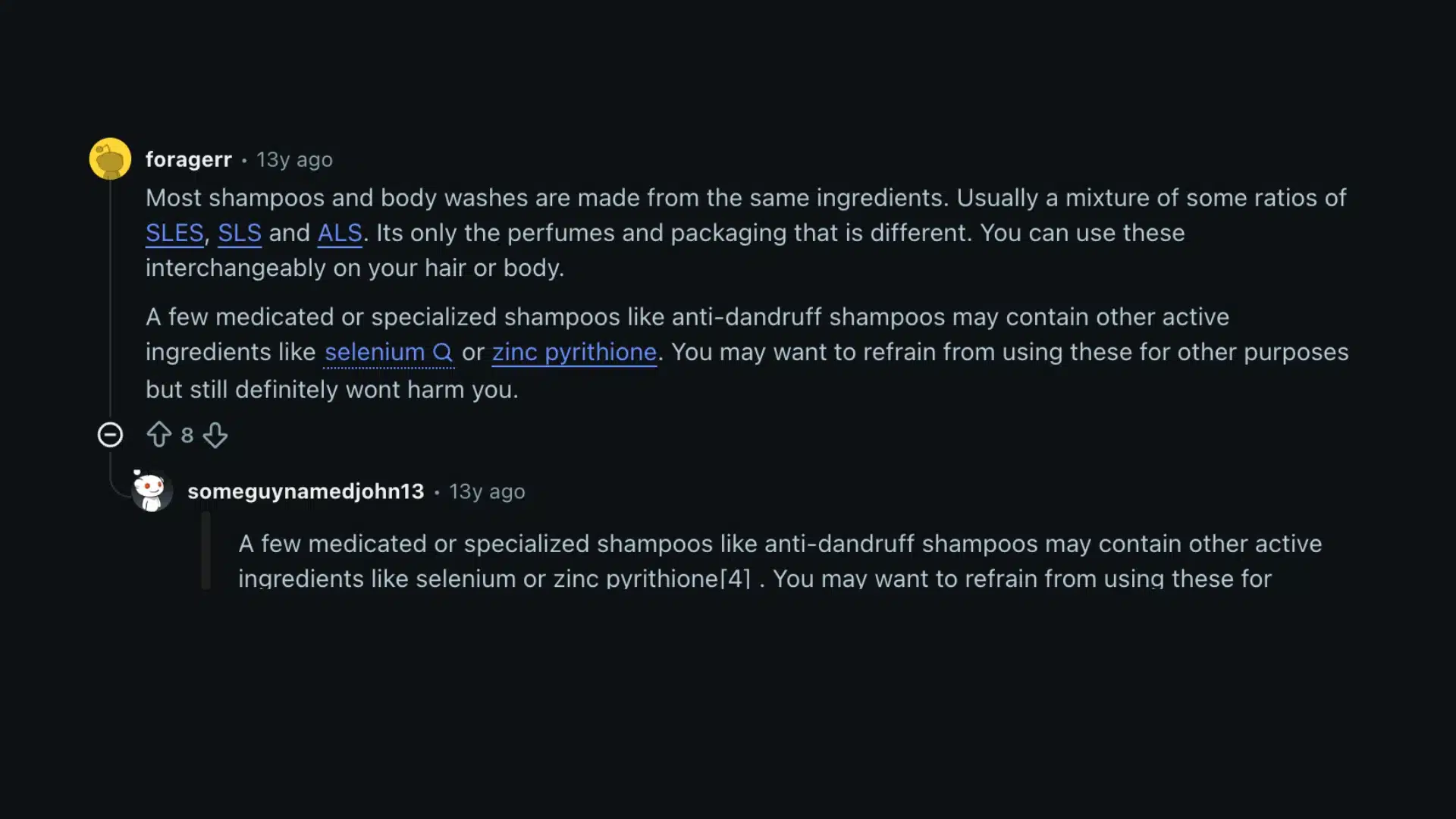 Screenshot of Reddit comments discussing shampoo ingredients like SLES, SLS, and zinc pyrithione in