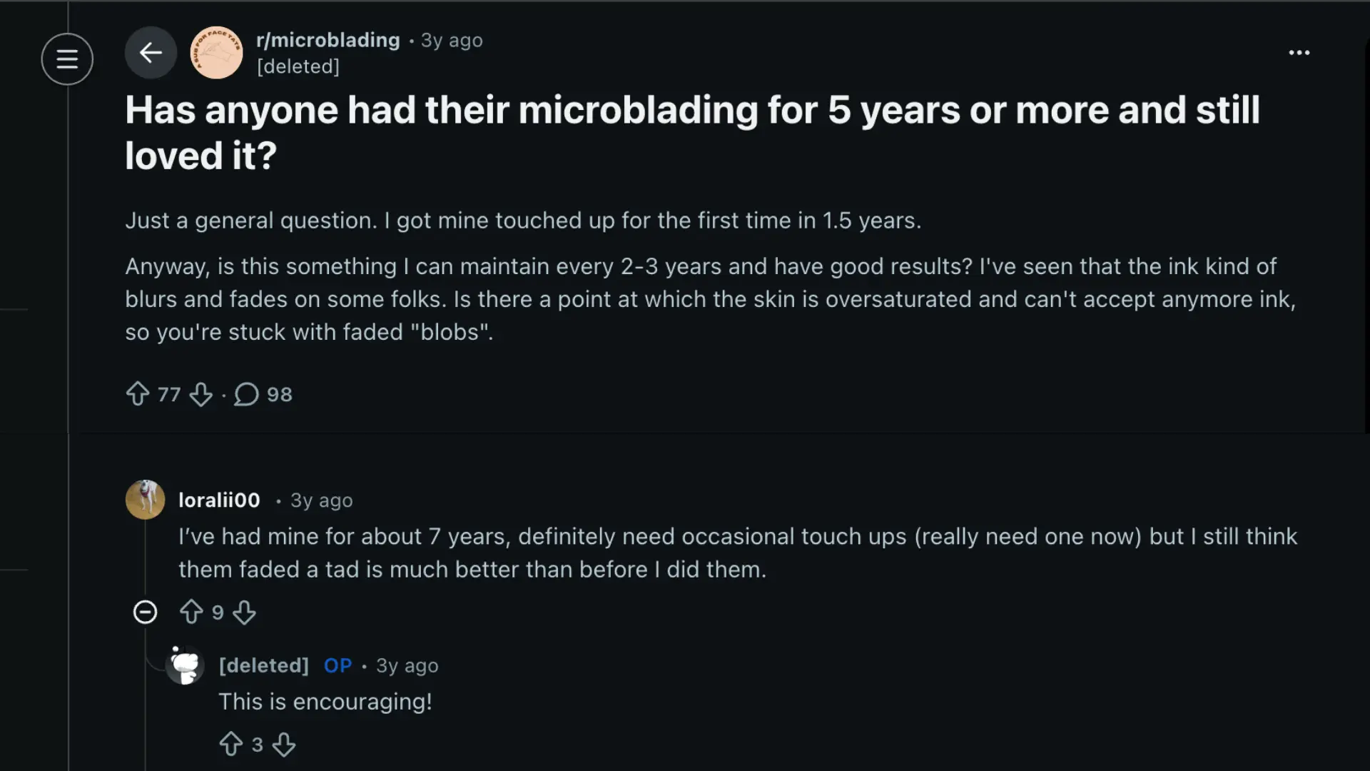Screenshot of Reddit discussion about long term microblading results and user experiences