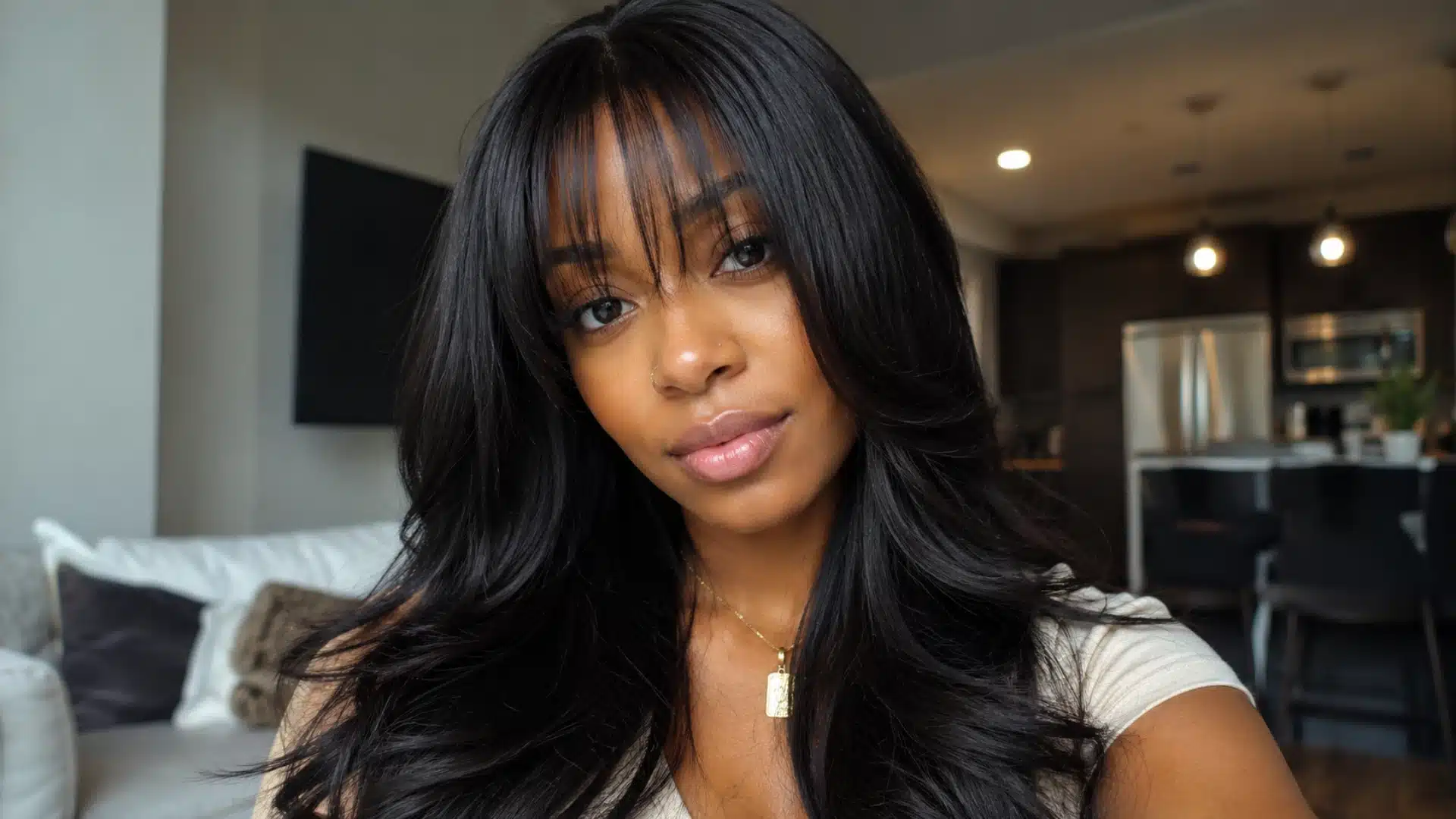 Sew in with bangs featuring long layered waves, wispy fringe, soft volume, and a glossy finish