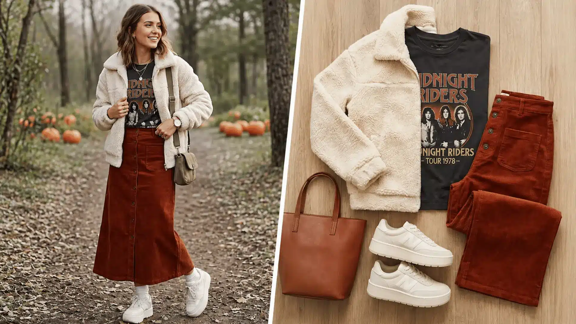 Sherpa jacket with corduroy maxi skirt