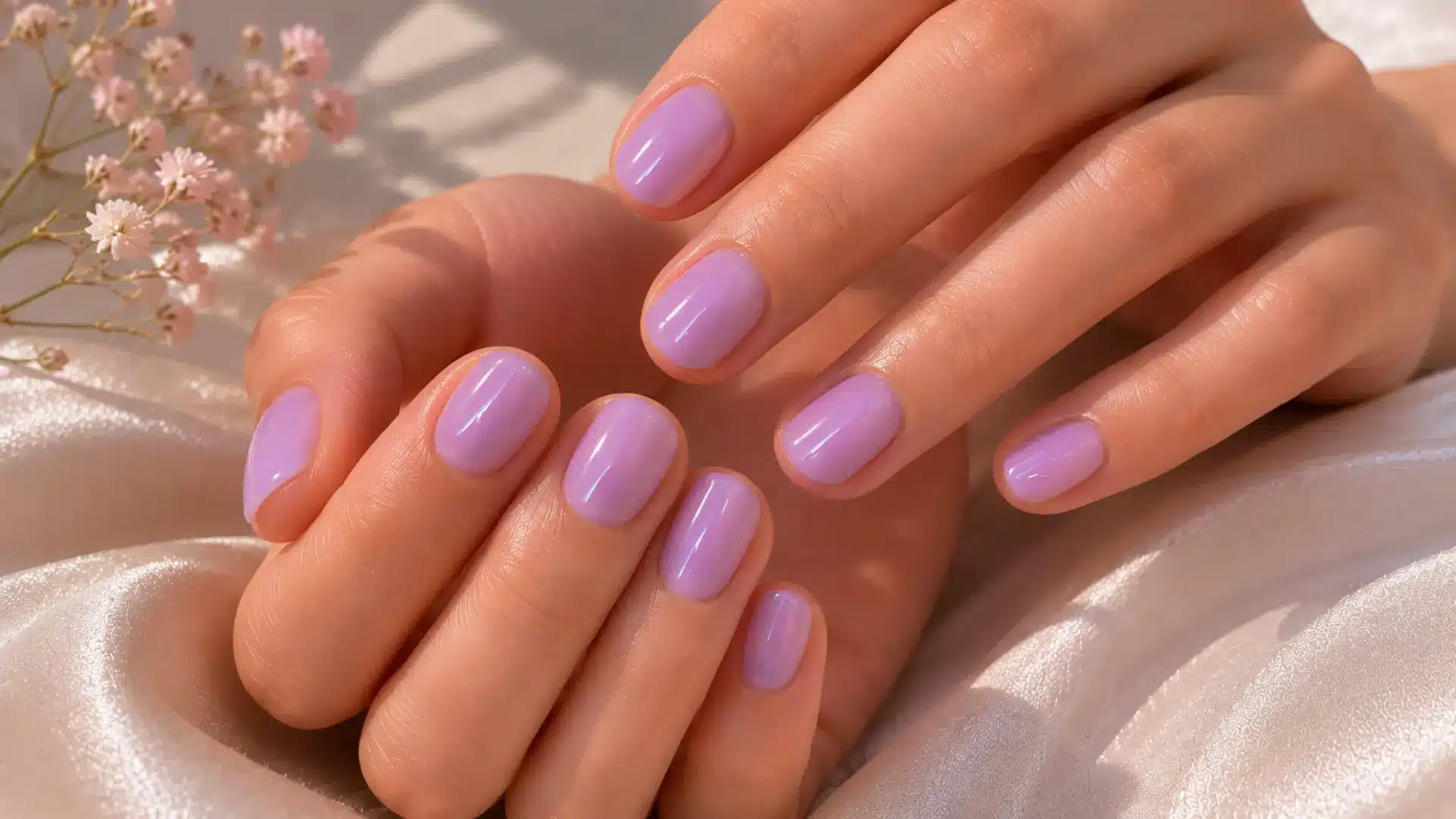 Short round nails in glossy sheer lavender polish on soft satin fabric with delicate floral accents