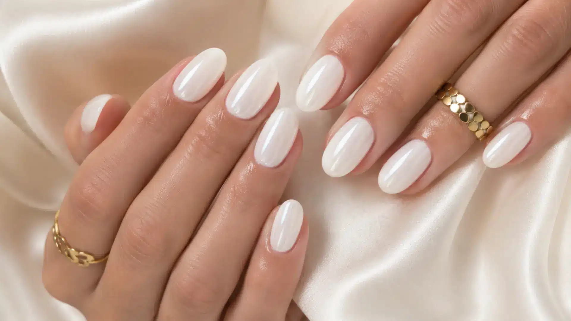 Short natural nails in a sheer jelly nude polish showing the nail bed through the formula