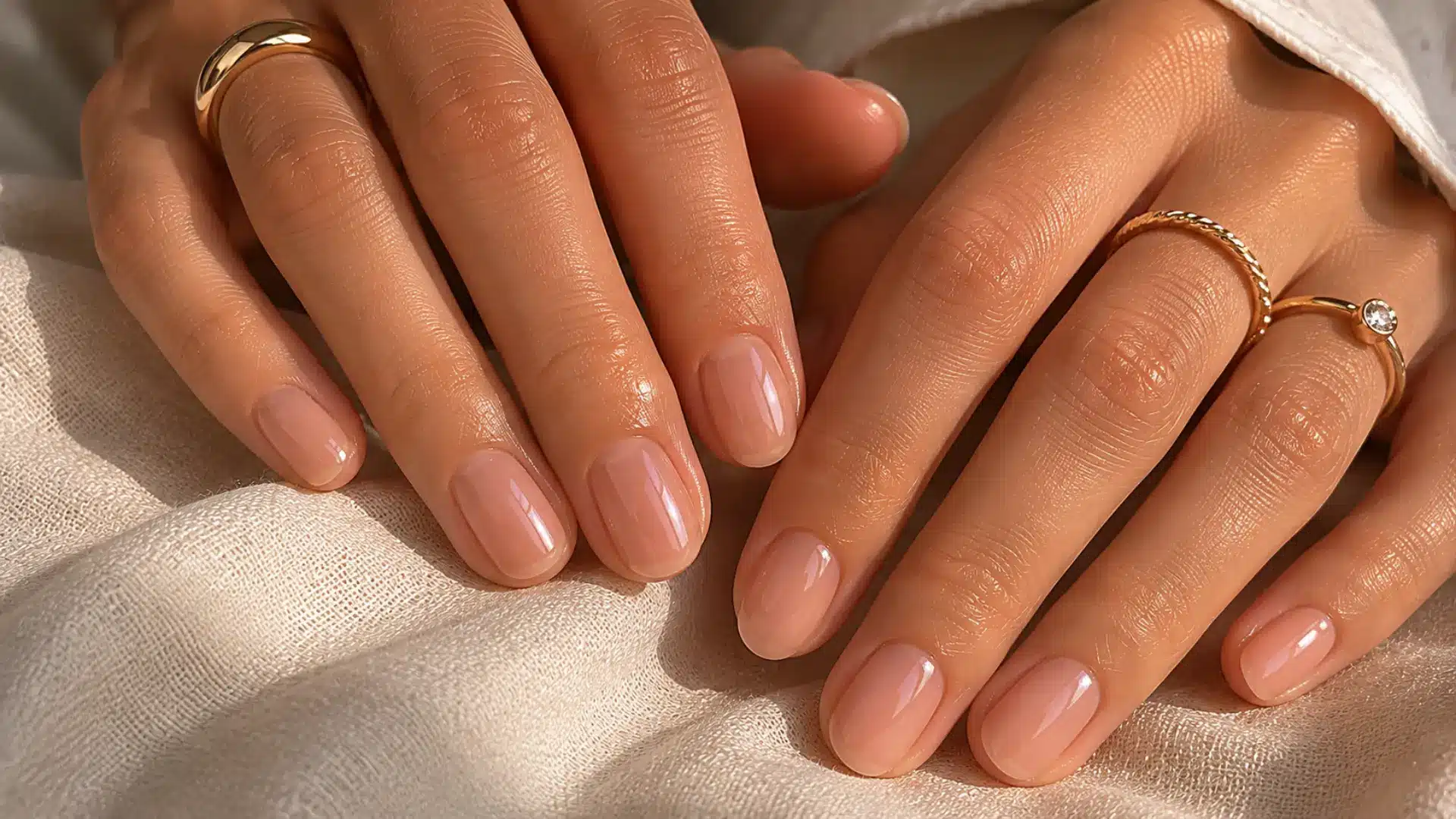 Short oval nails in a sheer skin-tint polish that enhances without covering the natural nail