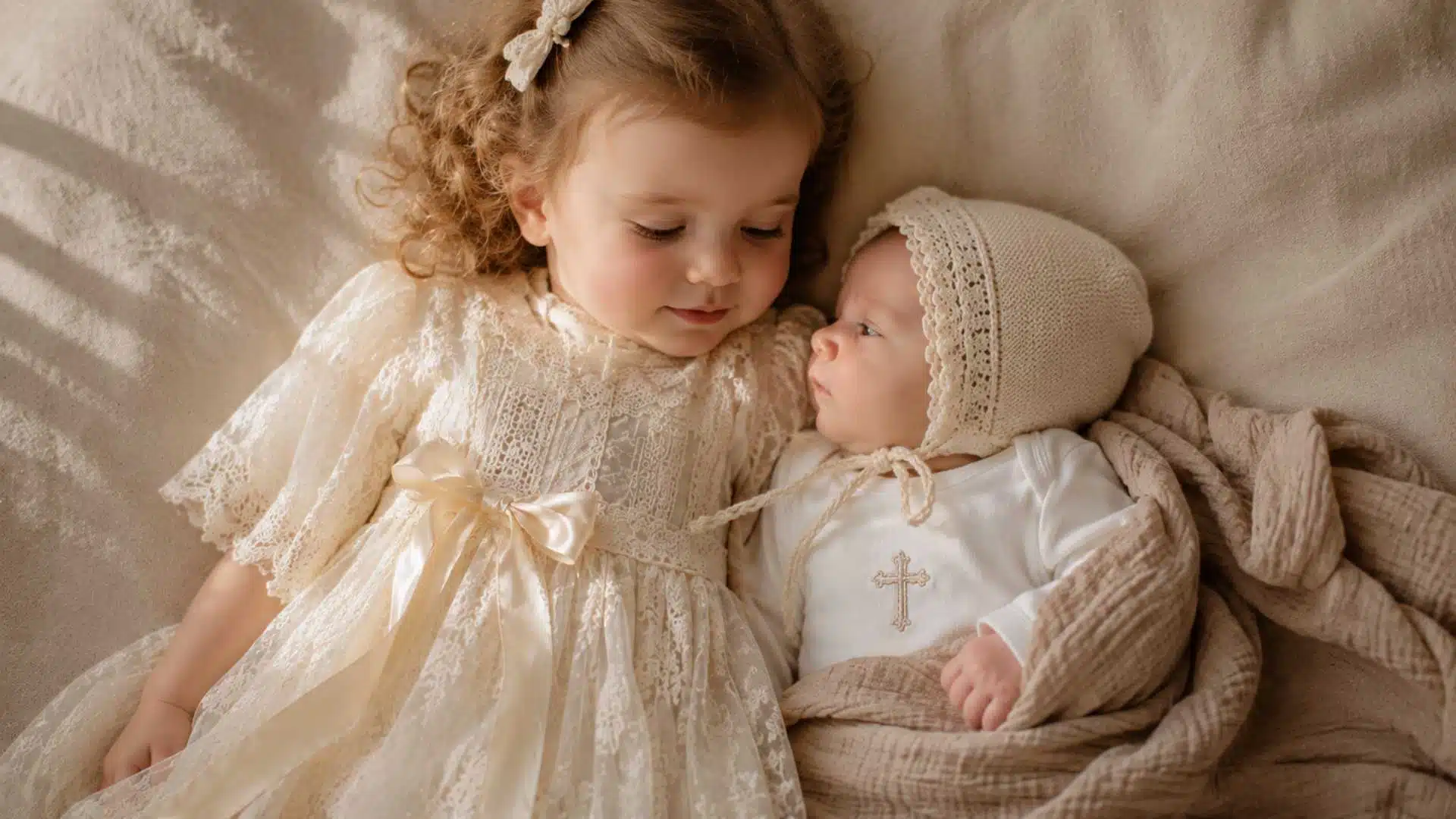 Siblings in Heirloom lace christening gown laid beside newborn onesie and cream bonnet