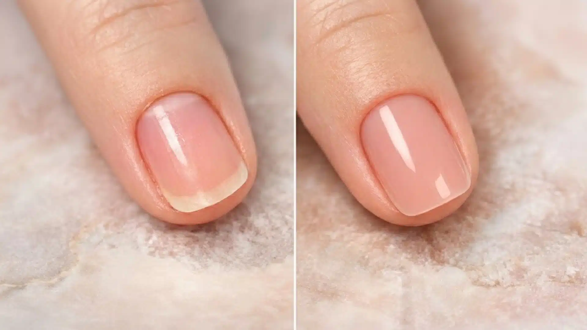 Side-by-side comparison of a traditional vs. a flawless Russian manicure on two zoomed-in nails