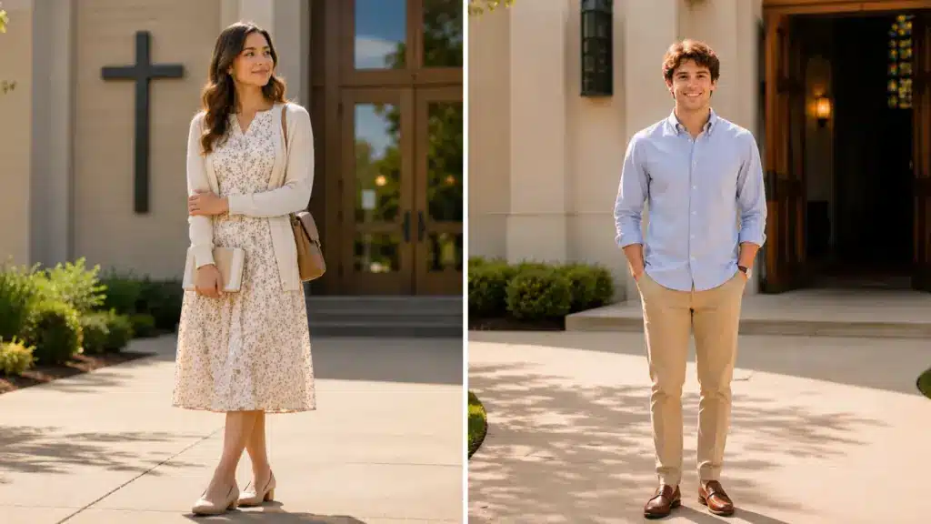 Side-by-side photos of a woman in a floral midi dress and a man in a light blue shirt standing outside a church