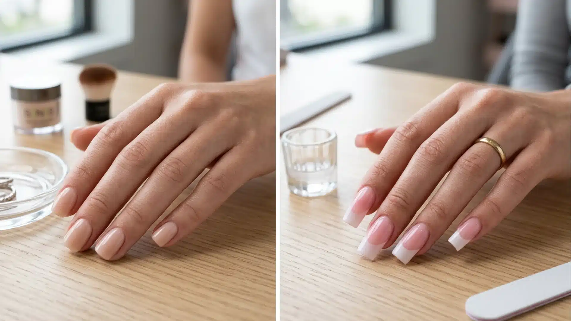 Side-by-side comparison of a hand with short nude nails (left) and long square French tip acrylic nails (right)