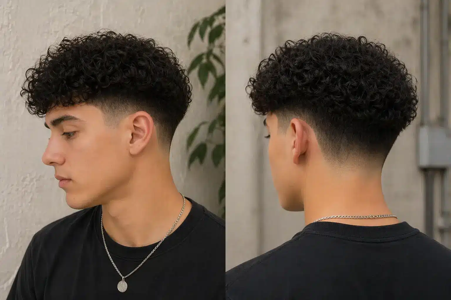 Side-by-side photos of a man with tight curls featuring a low taper fade on the sides and back.