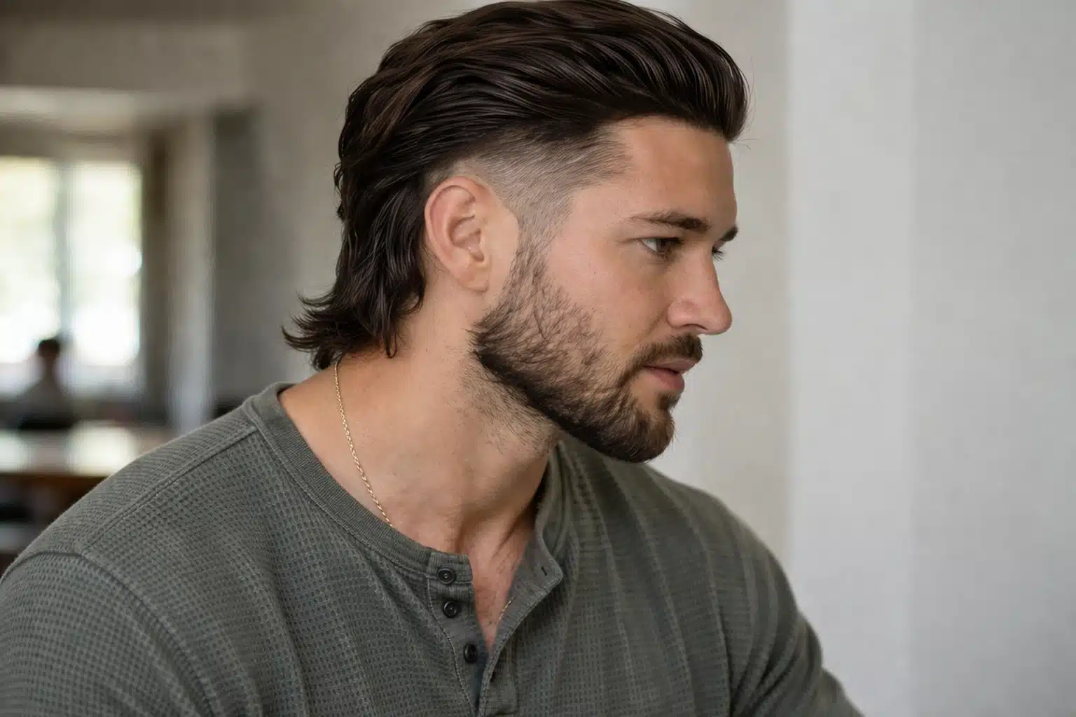 Side profile man with high fade slick back mullet hairstyle showing faded sides and longer back length with textured top