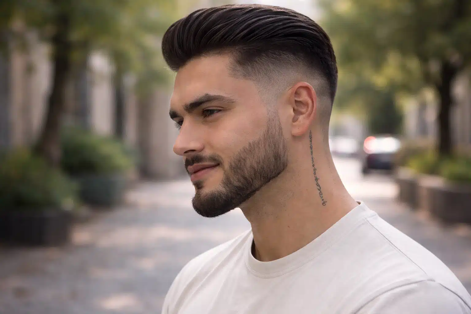 Side profile of a man with a high fade slick back hairstyle, beard fade, sharp jawline, and textured top outdoors