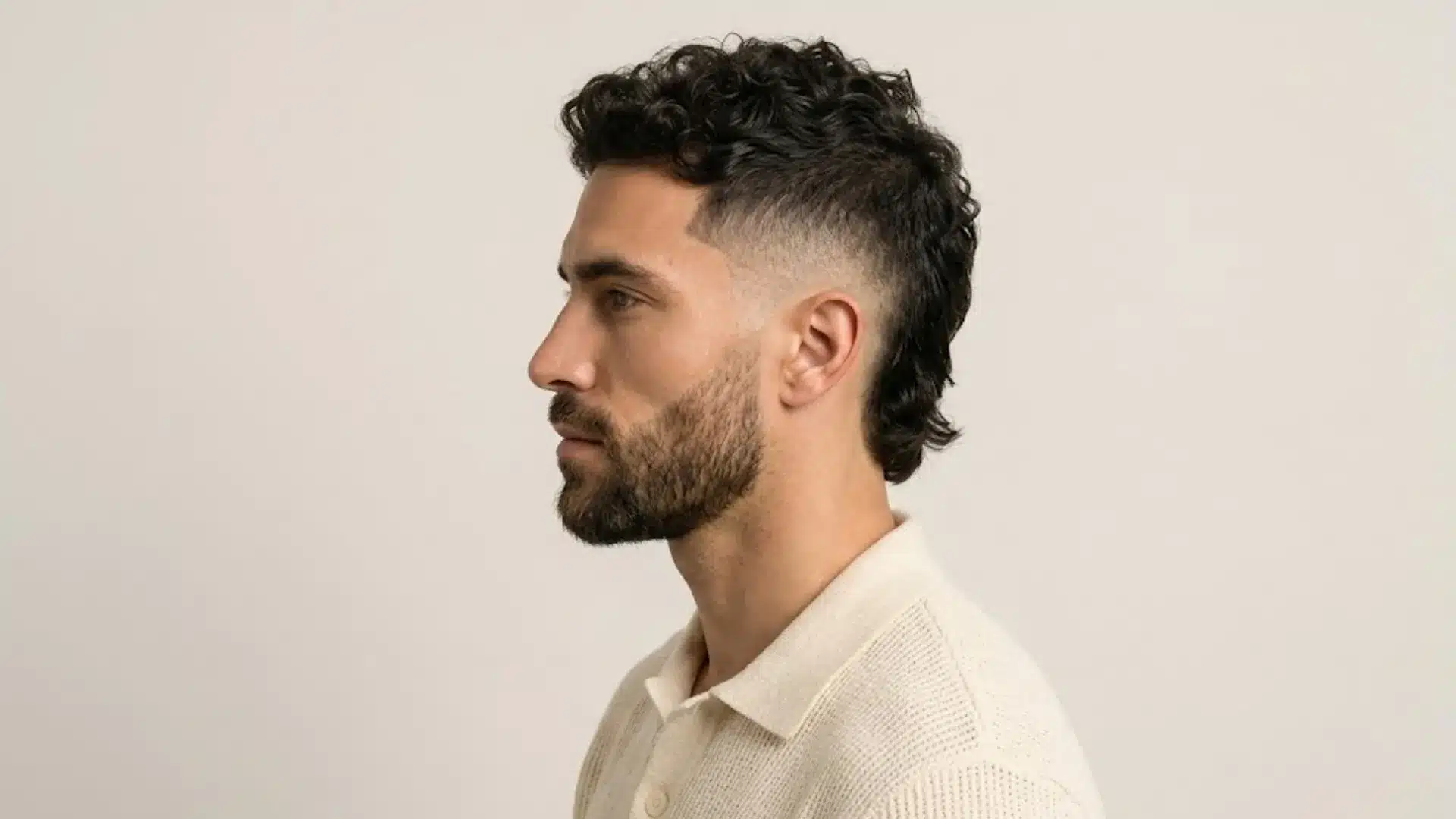 Side profile of a man with a high mullet fade haircut against a plain background.