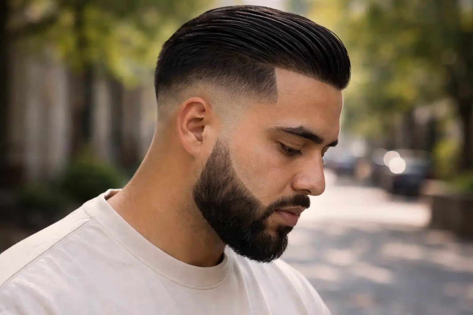 Side profile of a man with high fade slick back black hair, sharp lineup and full beard, in a natural outdoor setting