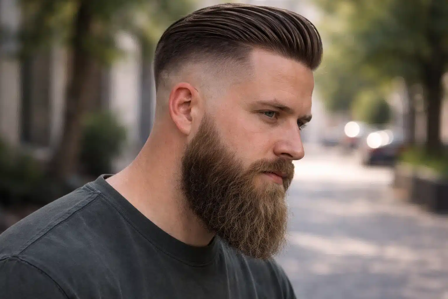Side profile of a man with high fade slick back hairstyle and full beard, sharp taper and clean look in a natural outdoor setting