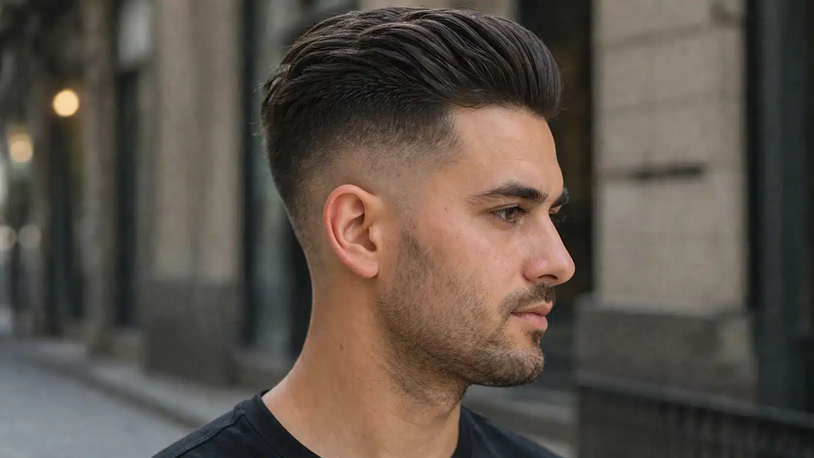 Side profile of a man with high fade slick back hairstyle and light stubble, clean taper and natural outdoor urban background