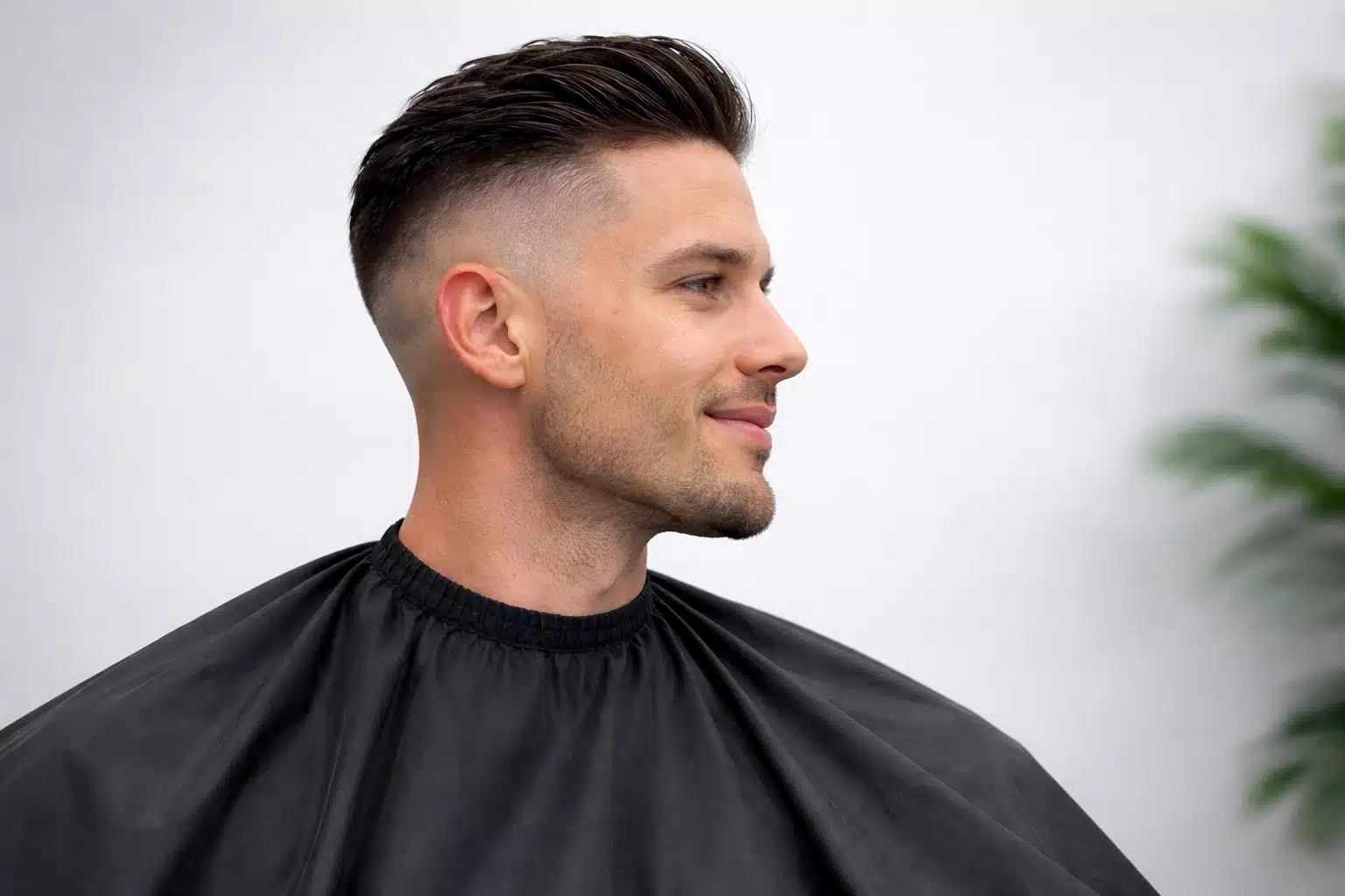 Side profile of a man with high fade slick back hairstyle and natural hairline, wearing barber cape against clean minimal background