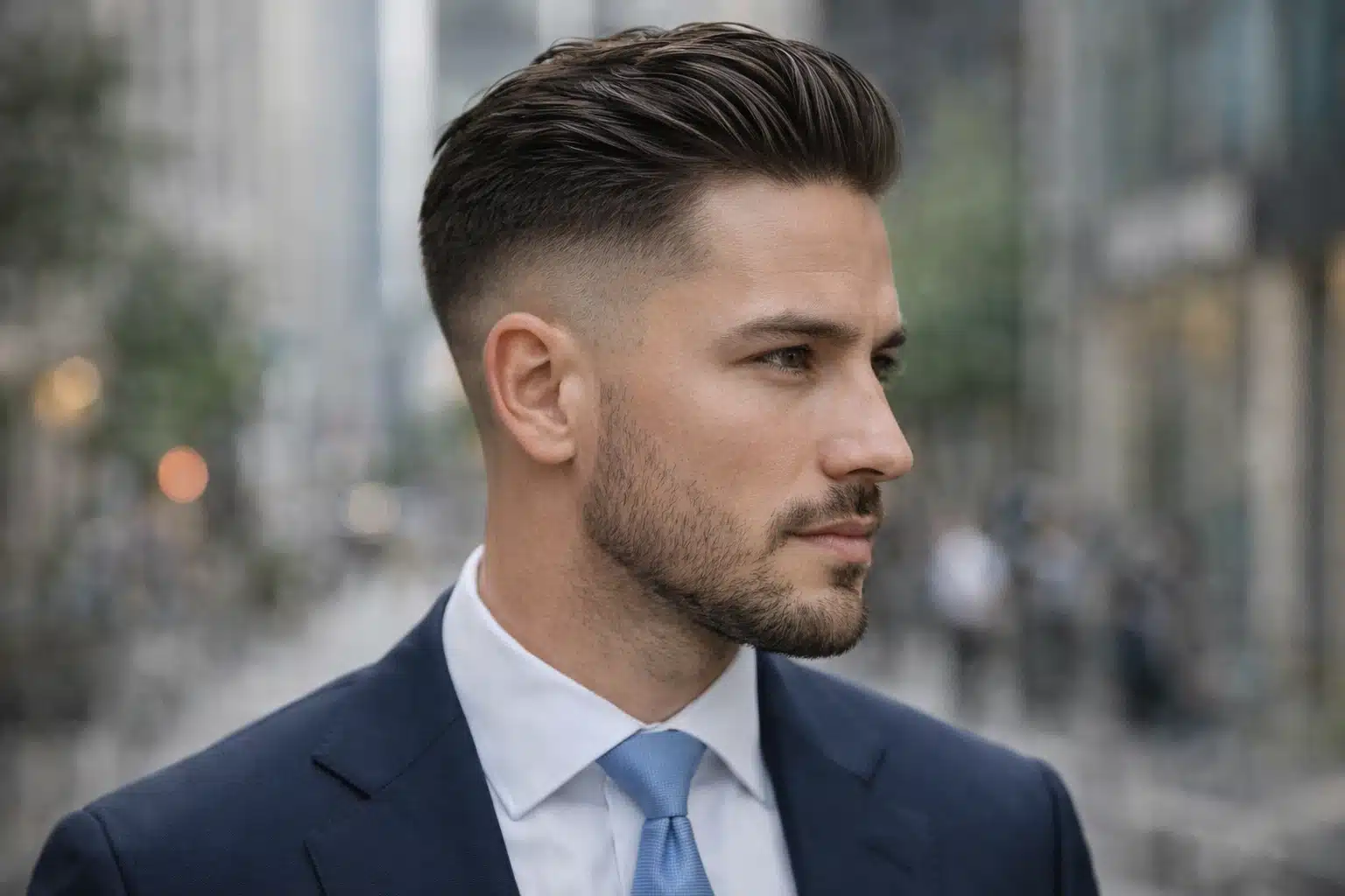 Side profile of a man with high fade slick back hairstyle, light stubble and formal suit in a professional outdoor city setting