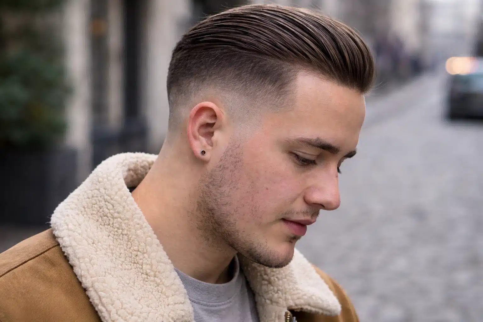 Side profile of a man with high fade slick back thin hair, clean taper and neat finish, in a natural outdoor urban setting