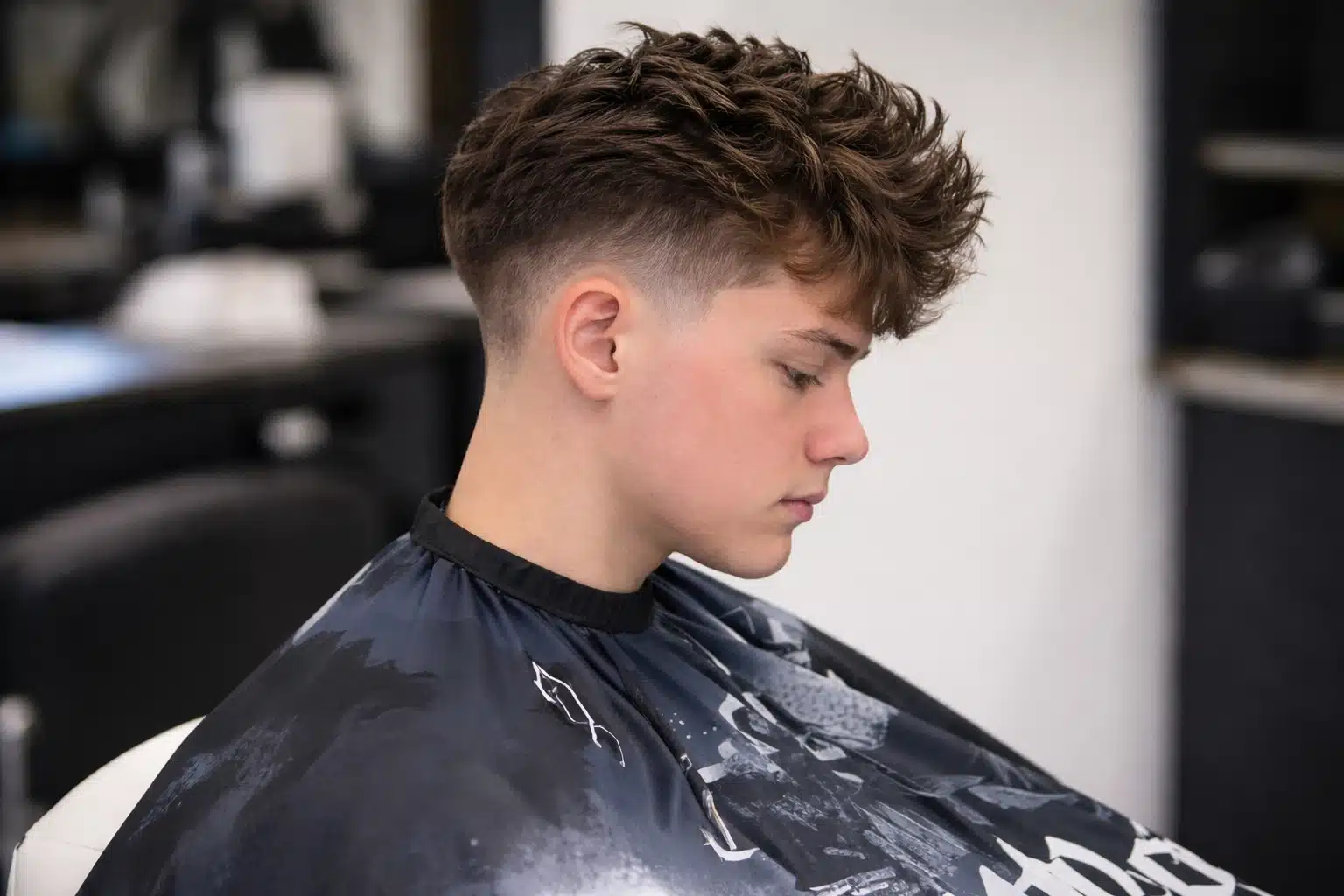 Side profile of a teen with high fade slick back wavy hairstyle, textured top and tapered sides in a realistic barbershop setting