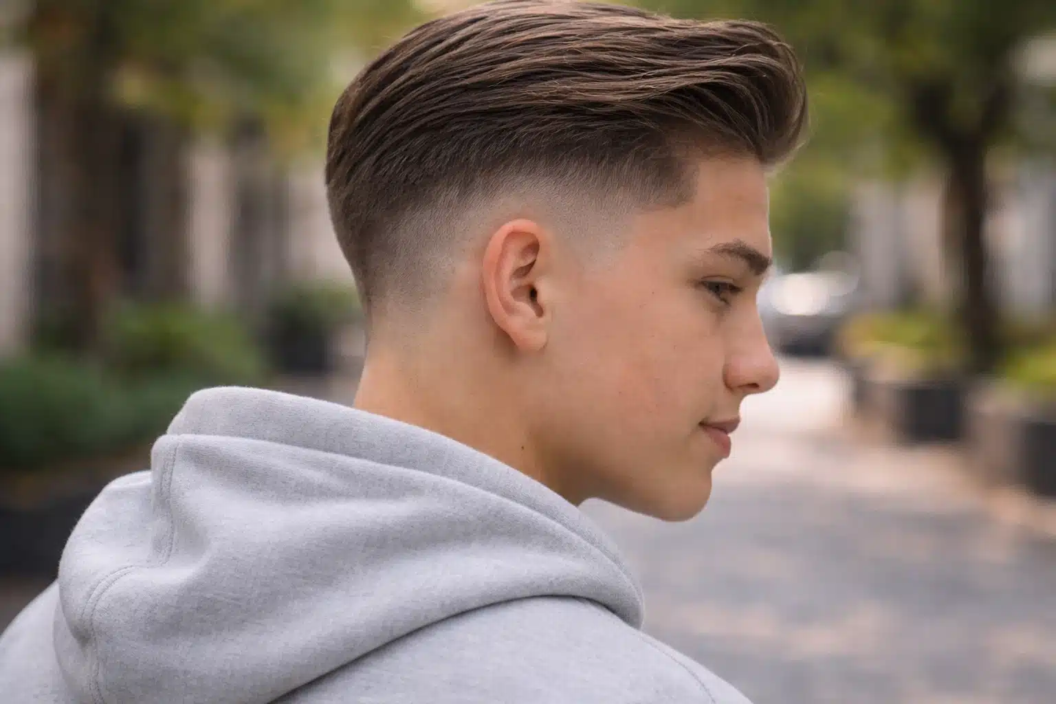 Side profile of a teenager with high fade slick back haircut, clean taper sides, thick top, wearing hoodie outdoors