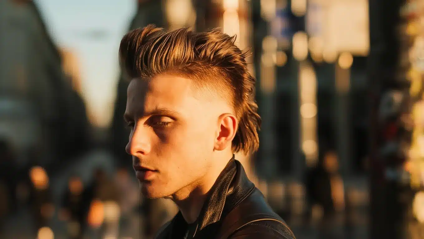 Side profile of male with messy high fade slick back hairstyle featuring textured top and faded sides, in warm city lighting