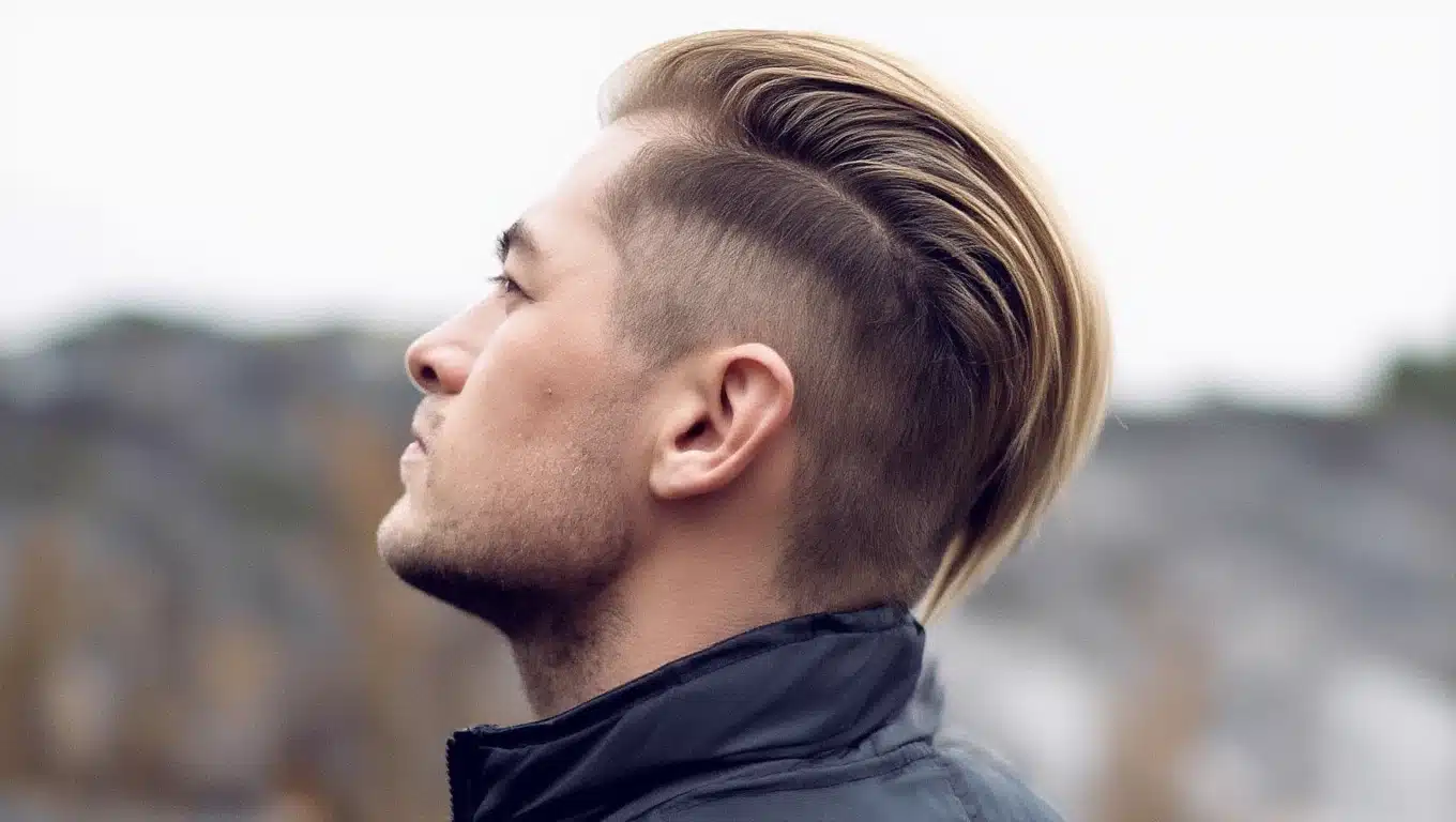Side profile of man with brushed back high fade hairstyle featuring swept back top and clean faded sides in outdoor setting