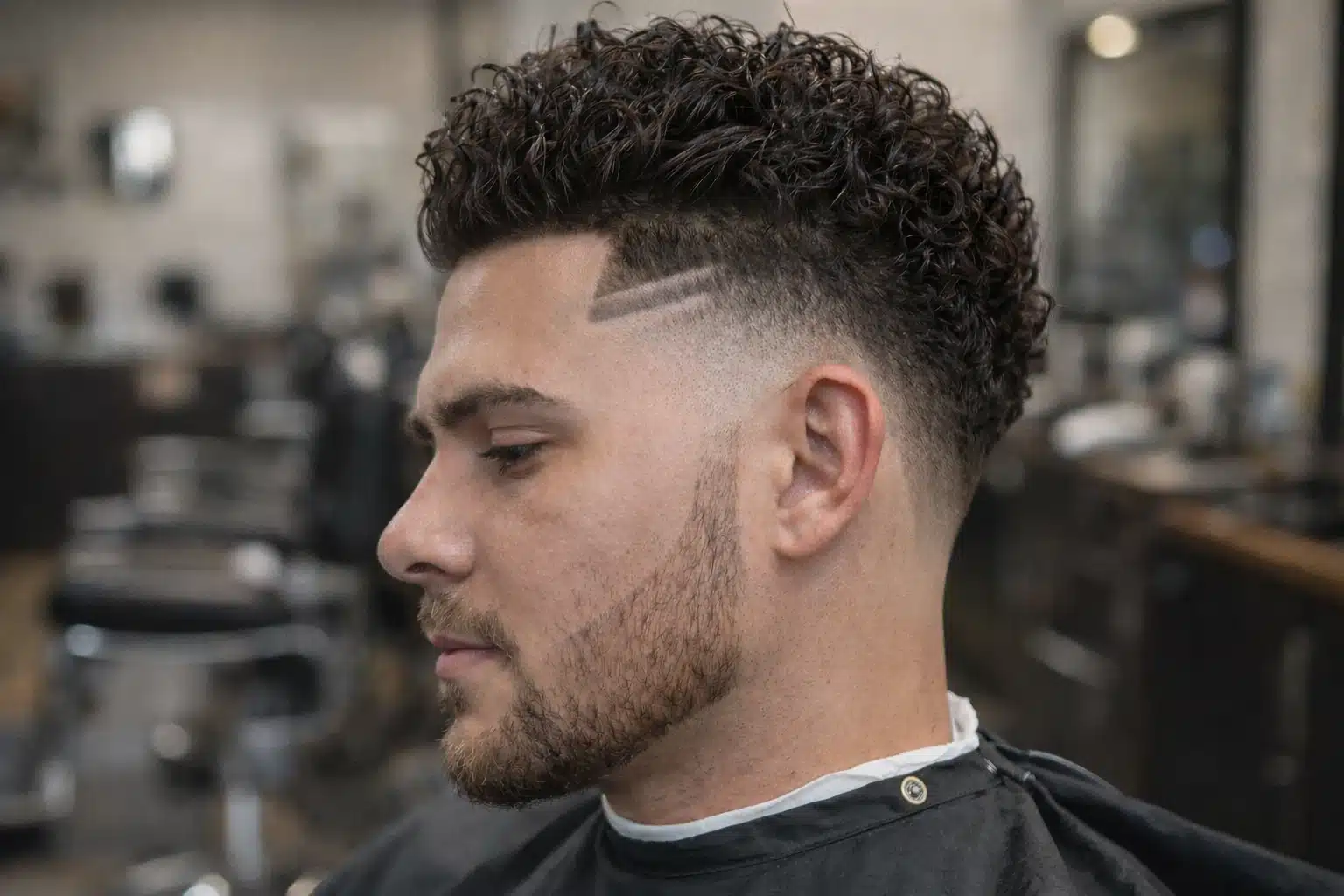 Side profile of man with curly high fade slick back hairstyle showing textured curls top and clean faded sides in barbershop