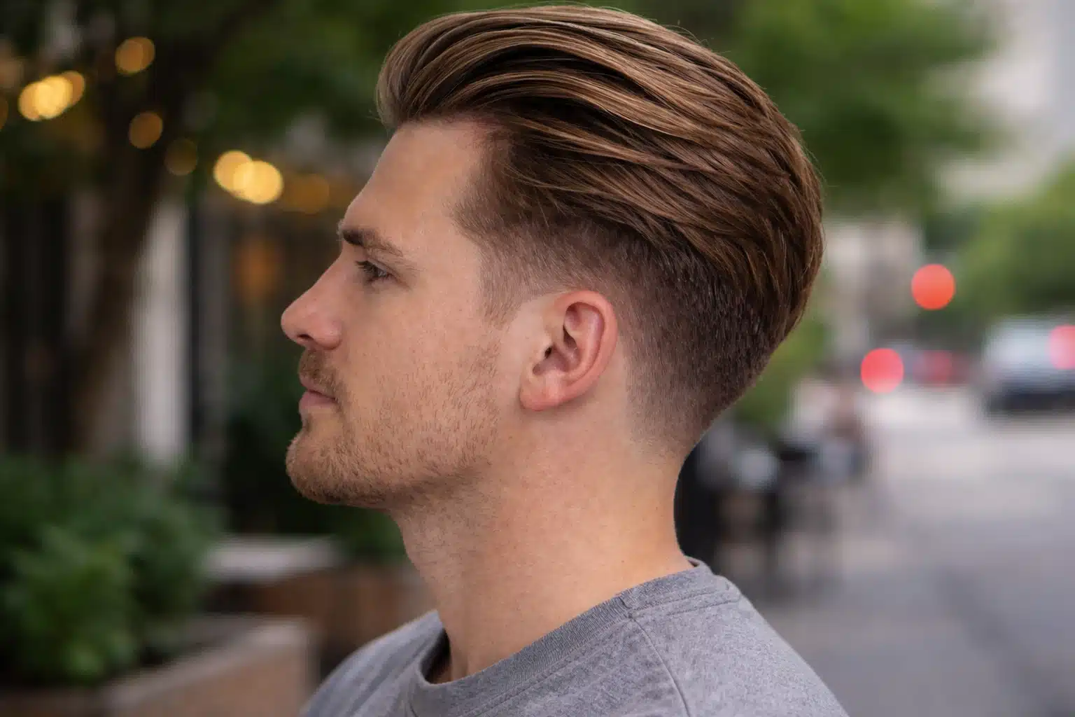 Side profile of man with high fade slick back flow hairstyle, brown hair, short beard, wearing gray shirt