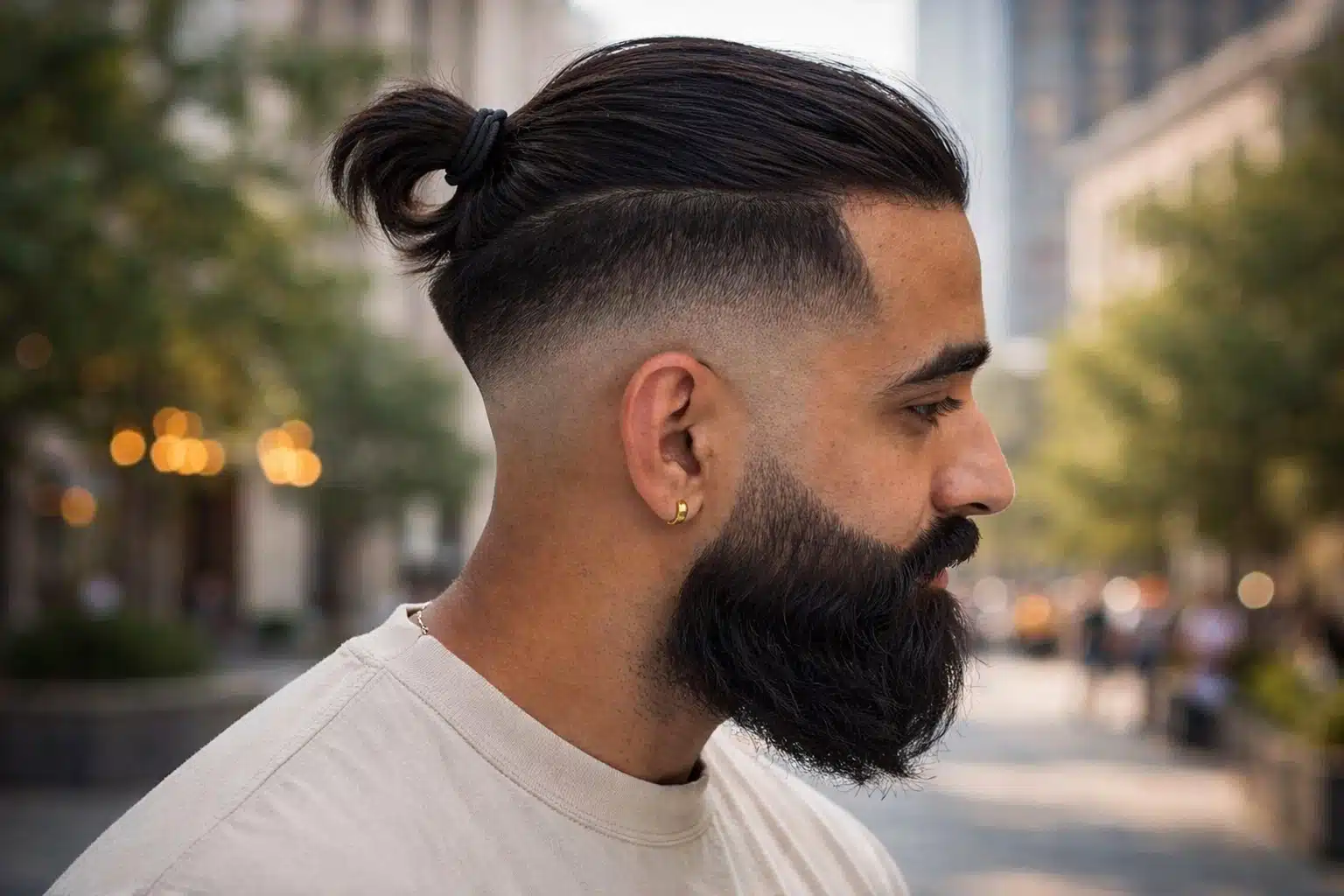 Side profile of man with high fade slick back man bun showing tied top knot clean fade and beard in city