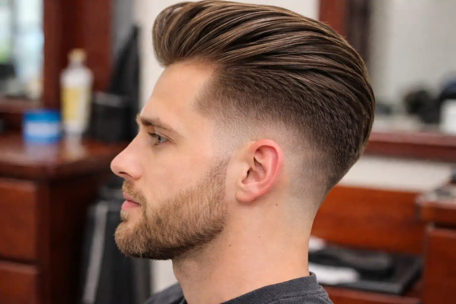 Side profile of man with high fade slick back pompadour hairstyle, light brown hair, short beard, in barbershop setting