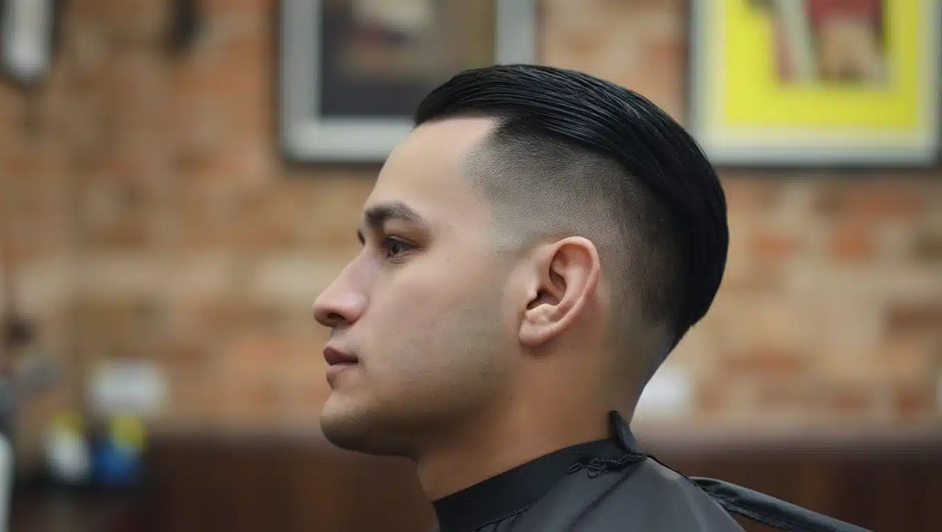 Side profile of man with matte finish high fade slick back hairstyle showing smooth top and clean faded sides neat styled cut