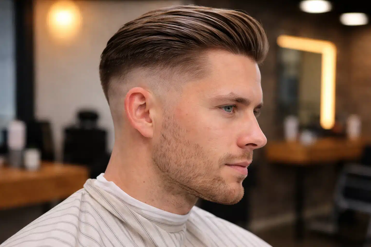 Side profile of man with textured high fade slick back hairstyle showing clean blend and voluminous brushed back top