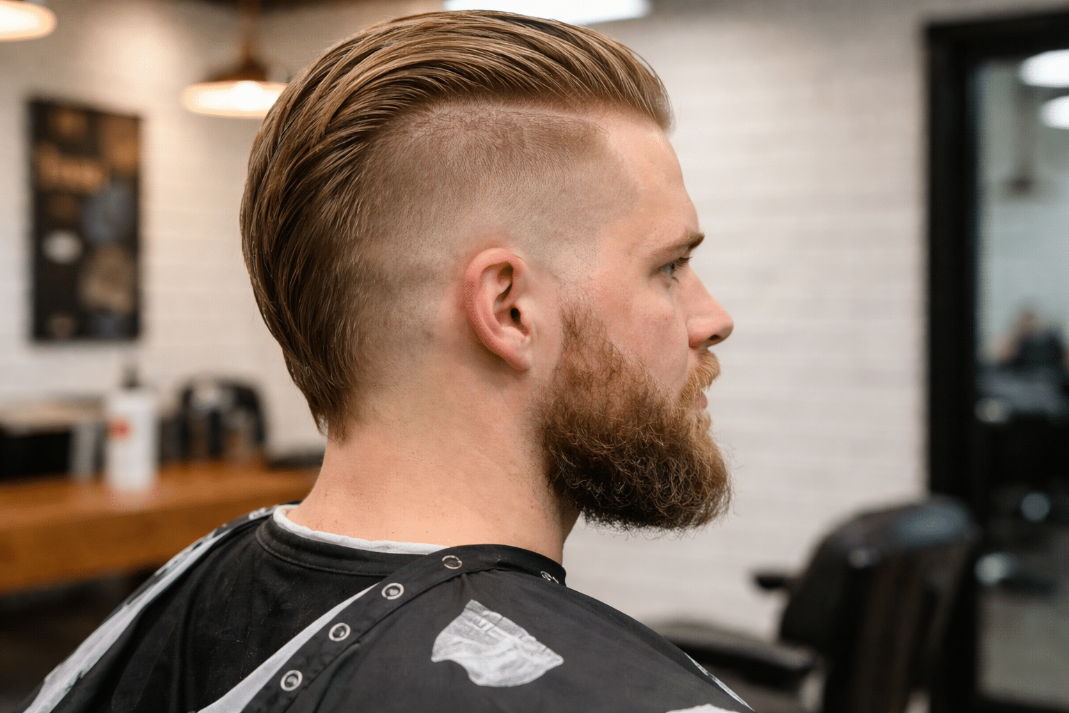 Side view of man with high fade slick back mohawk hairstyle shows shaved sides and raised center strip in barbershop setting
