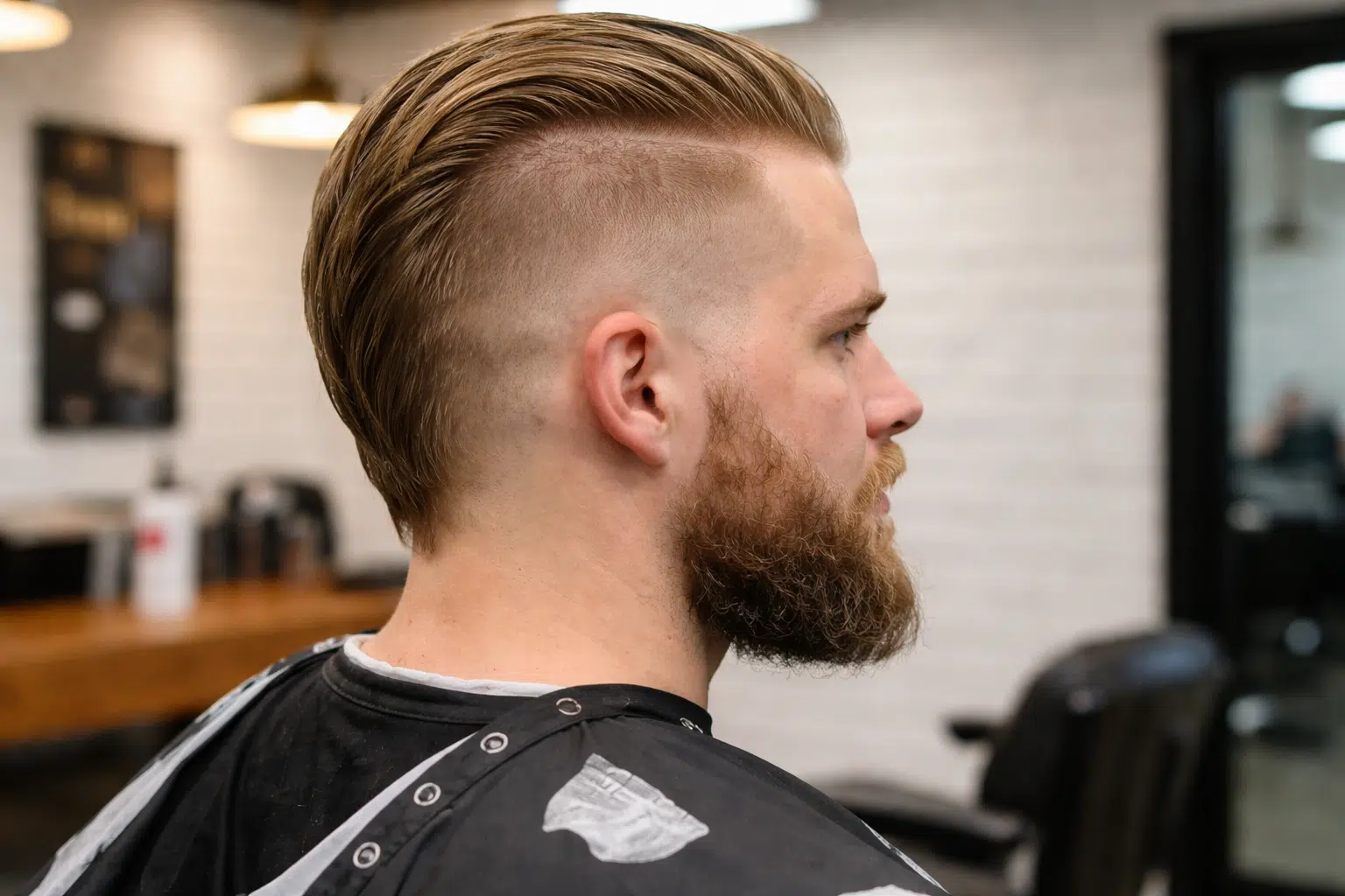 Side view of man with high fade slick back mohawk hairstyle shows shaved sides and raised center strip in barbershop setting