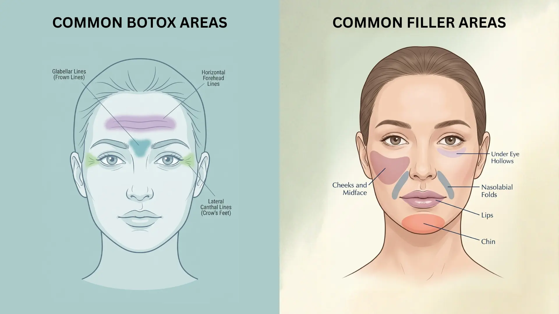 Side by side infographic comparing the common botox and dermal filler areas on face
