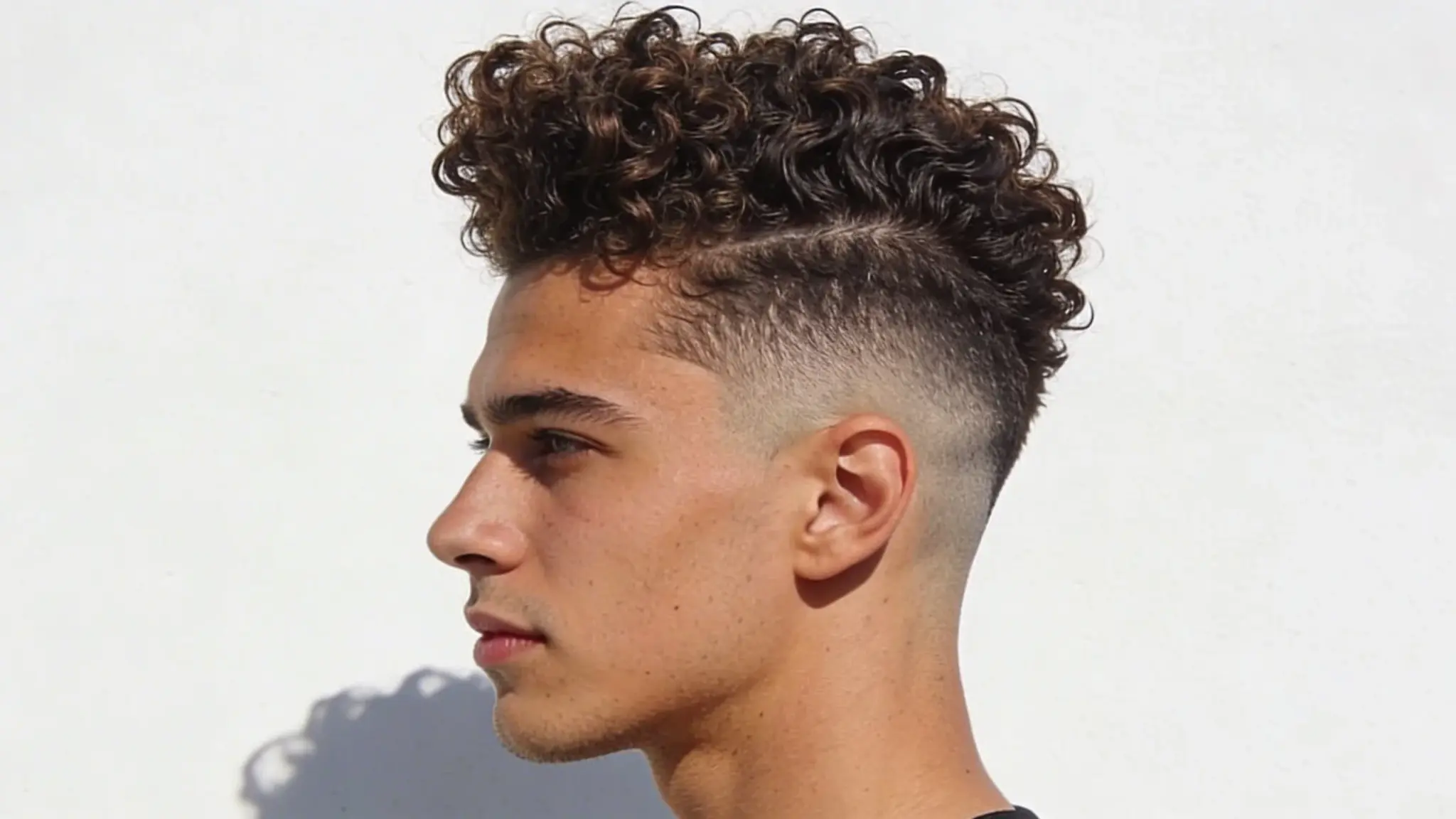 Side profile of a man with tight, defined curls and a high skin fade against a white background.