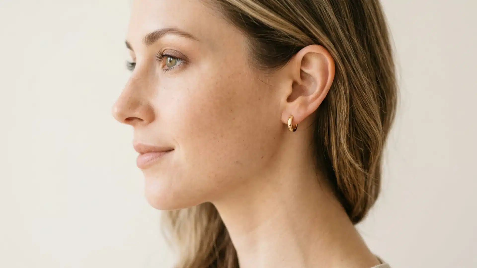 Side profile of a woman with blonde hair tucked behind her ear, wearing a small chunky gold hoop earring