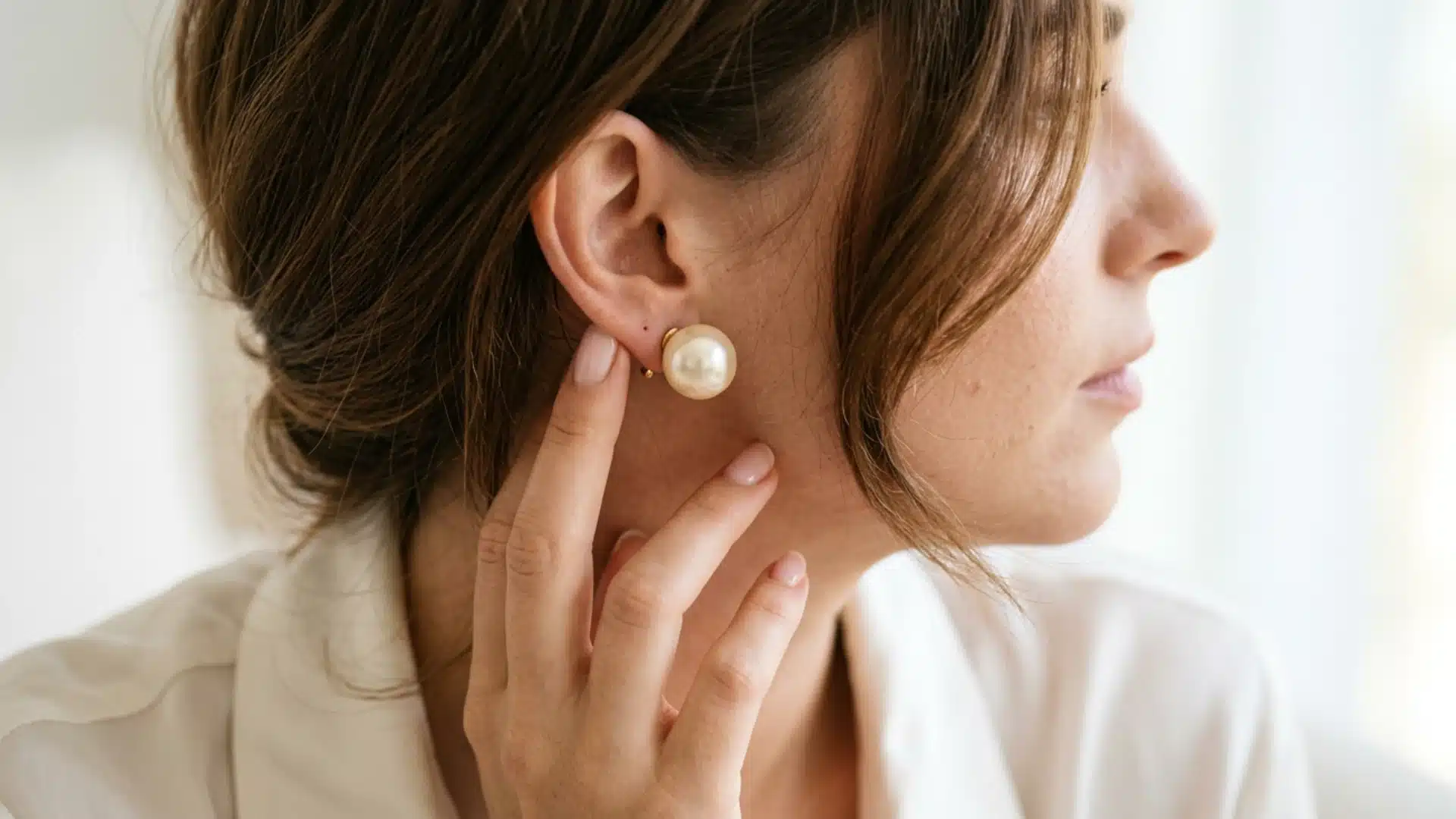 Side profile of a woman with her hair pinned back, touching her ear while wearing a large, oversized pearl stud earring