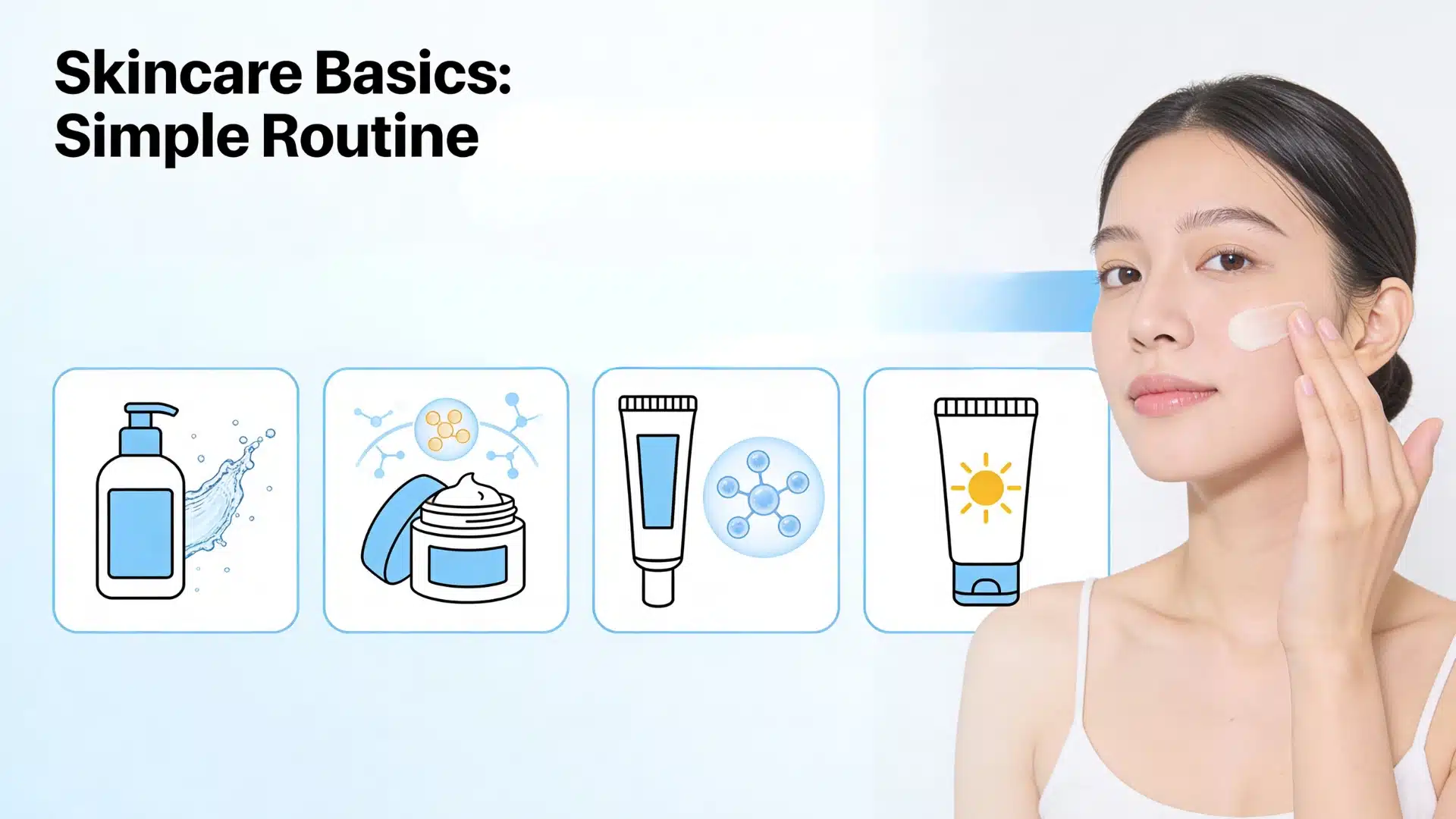 Simple skincare routine infographic with cleanser, moisturizer, treatment, and sunscreen, showing basics for managing chin acne