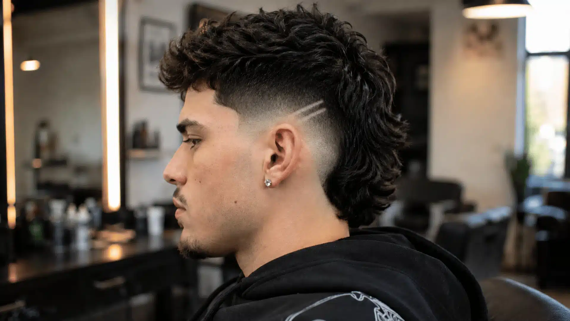 Skin fade mullet with geometric razor fade design